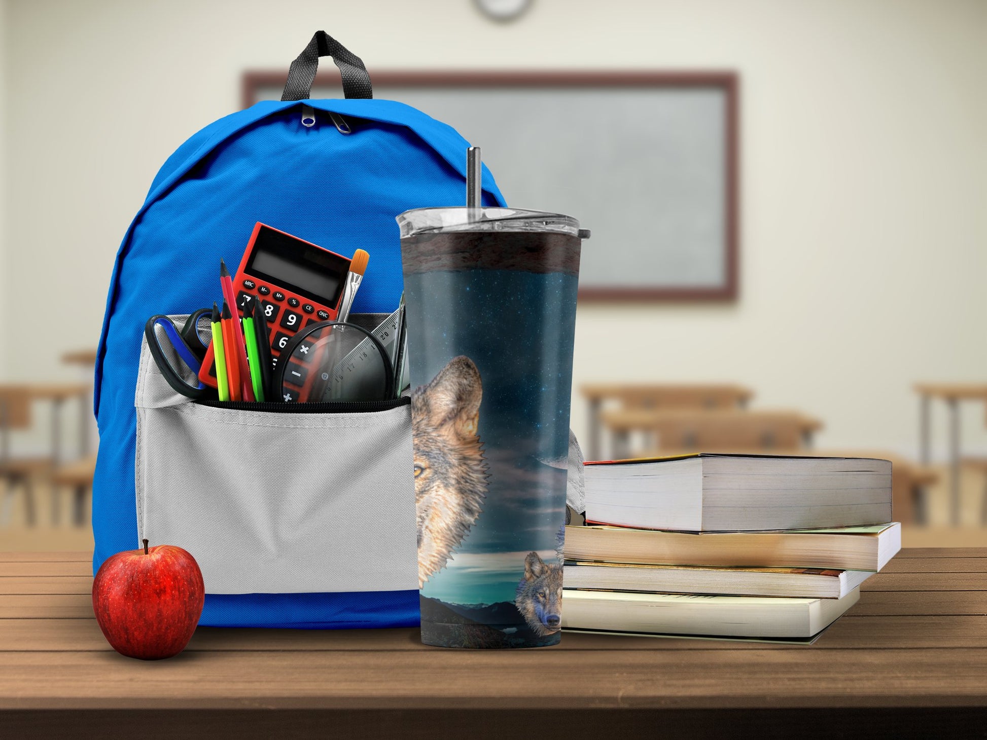Spacious Blue Backpack and Wolf Tumbler School product