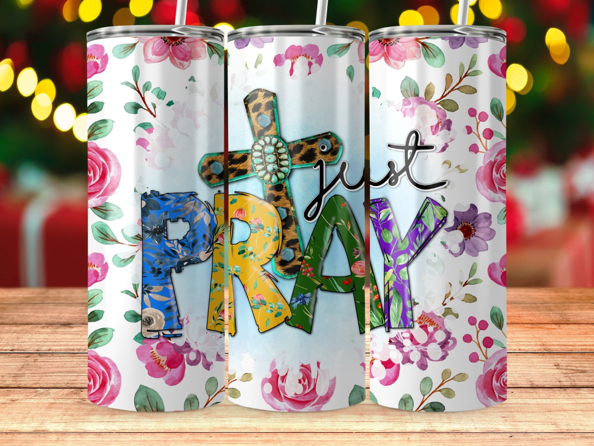 Colorful Floral Just Pray Tumblers product type