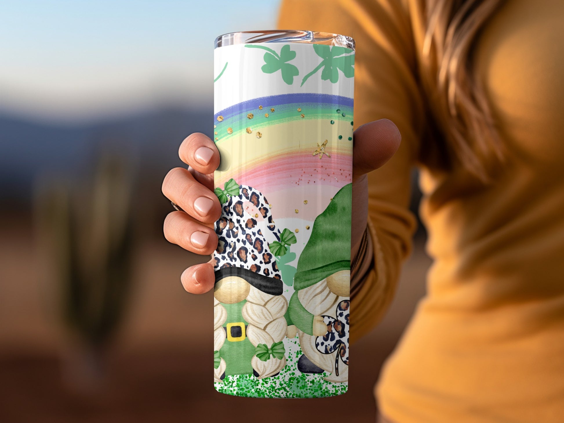 Leprechaun Gnome Rainbow Tumbler with Shamrock Charm