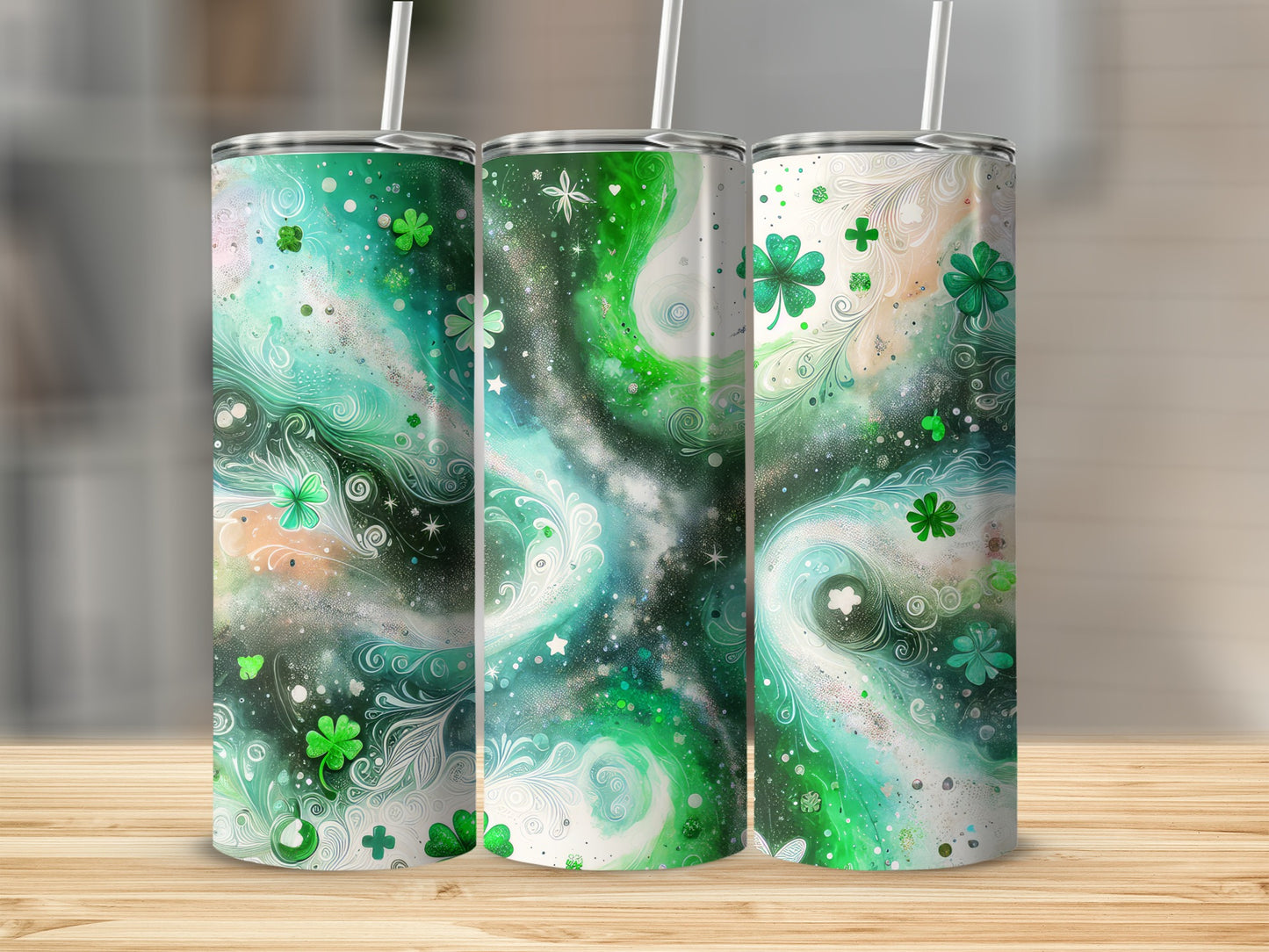Beautiful Swirling Shamrock and Galaxy Tumbler Cup Design