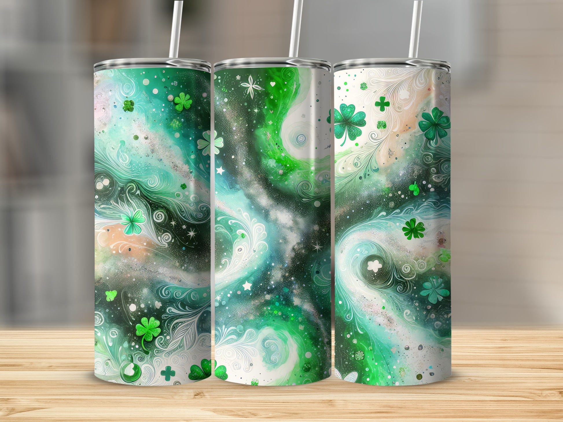 Beautiful Swirling Shamrock and Galaxy Tumbler Cup Design