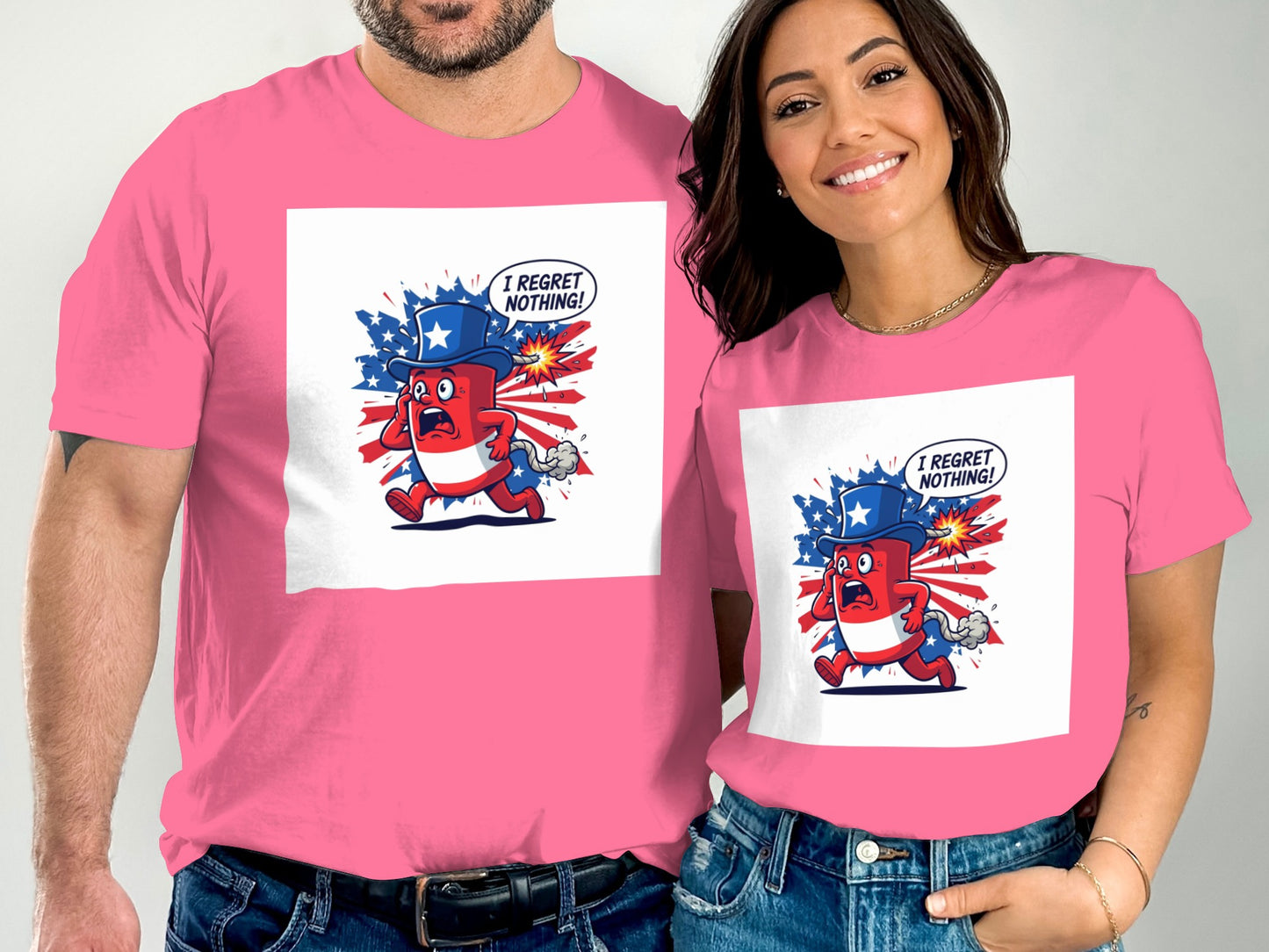 Pink t-shirts with cartoon patriotic pill character saying "I regret nothing!".