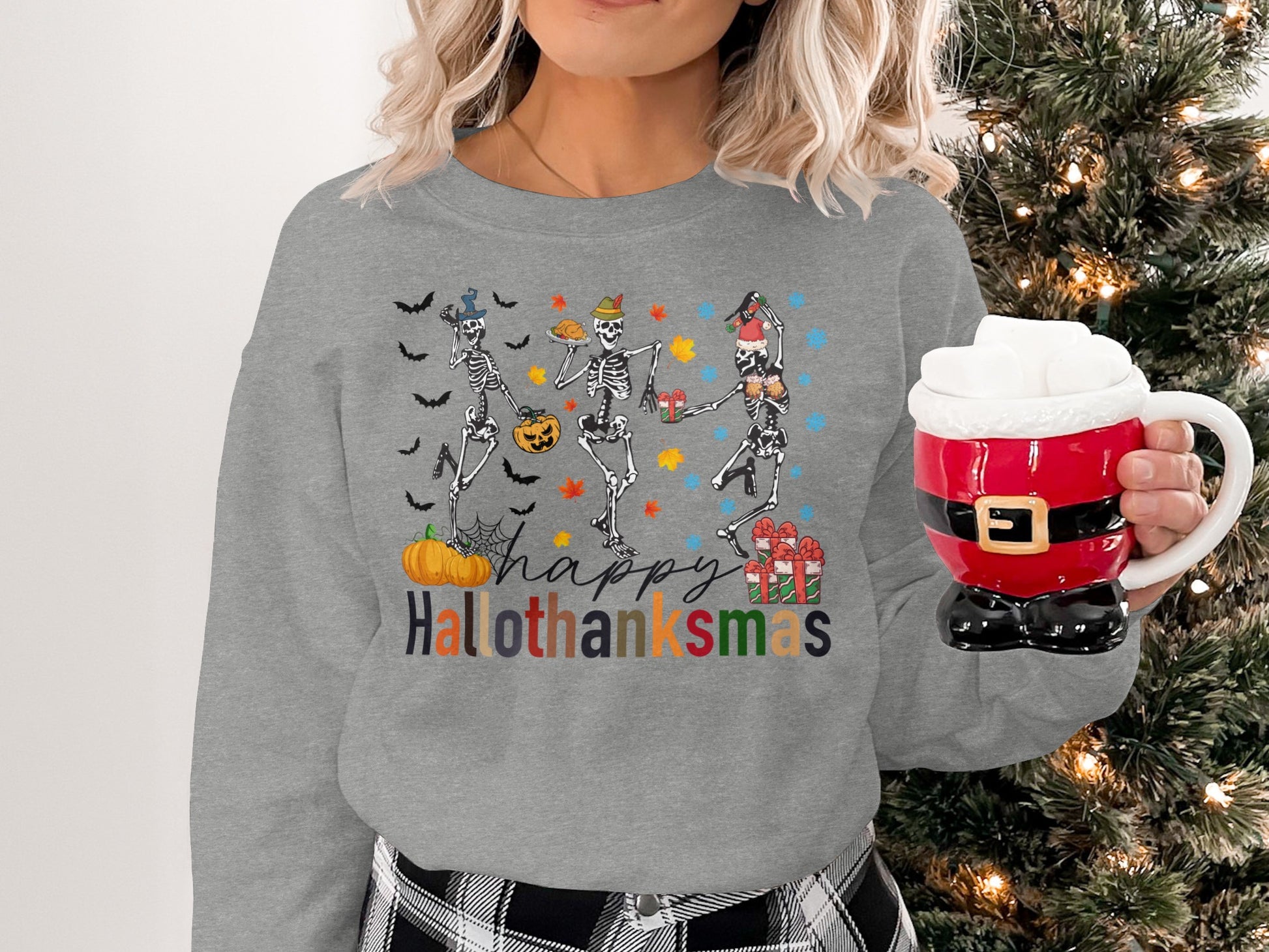 Happy Hallothanksmas Sweatshirt with Dancing Skeletons