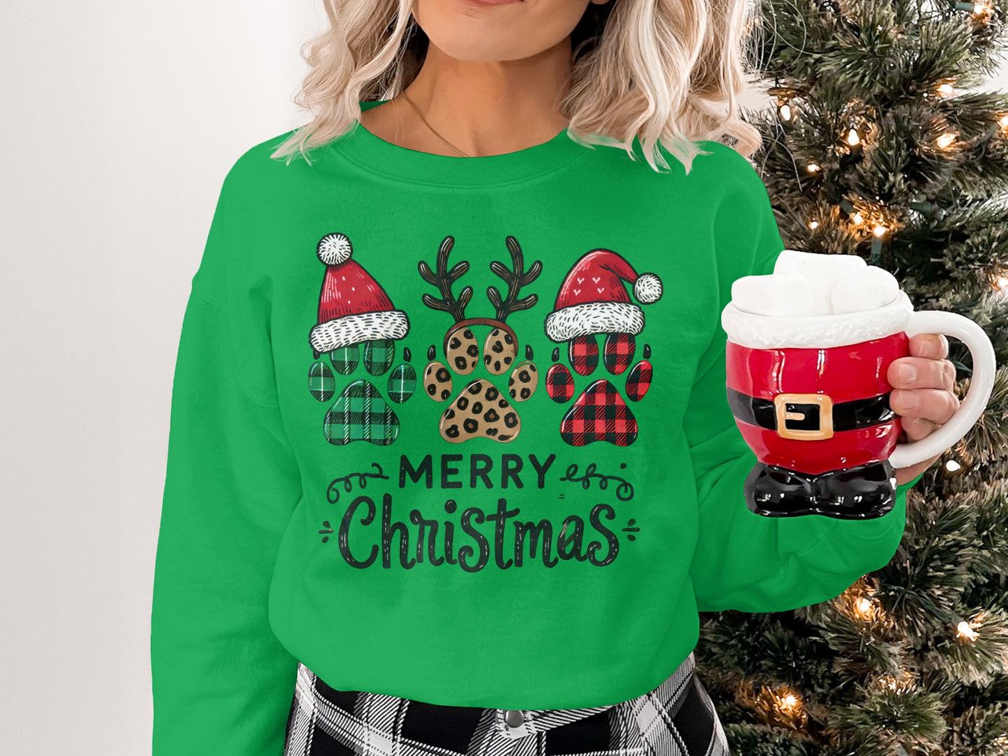 Festive Merry Christmas Paw Prints Long Sleeve Shirt
