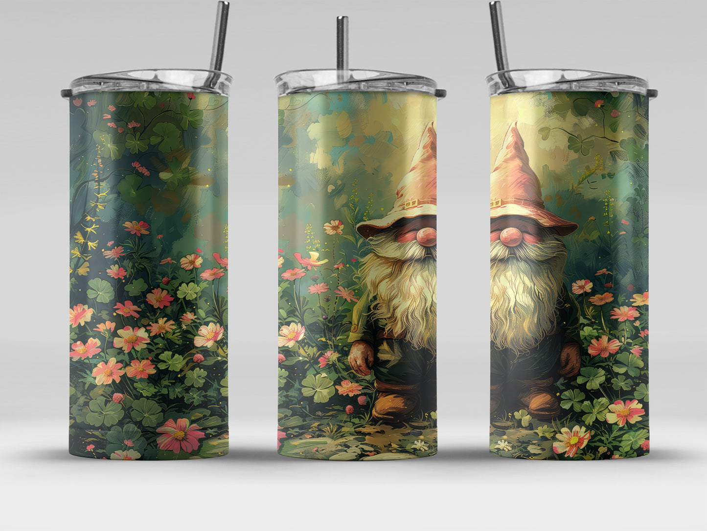 Garden Gnomes and Blossoms Design on Tumbler