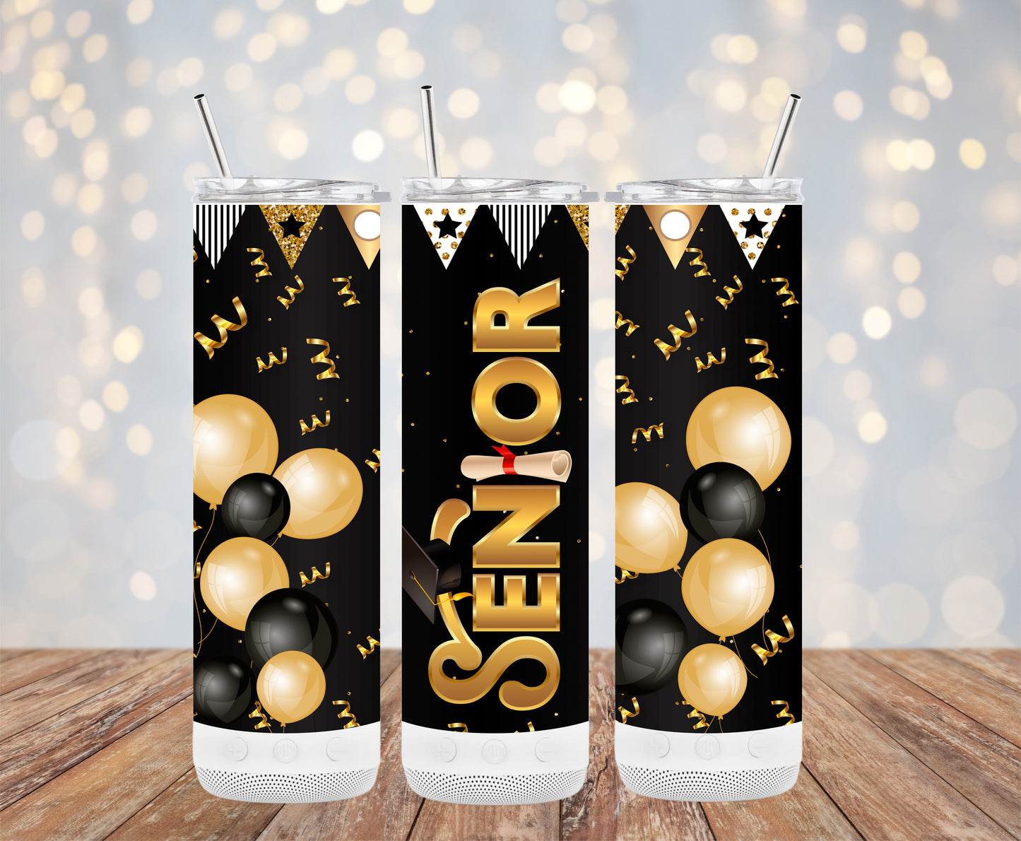 Senior Balloons Black and Gold (Graduation Tumbler)