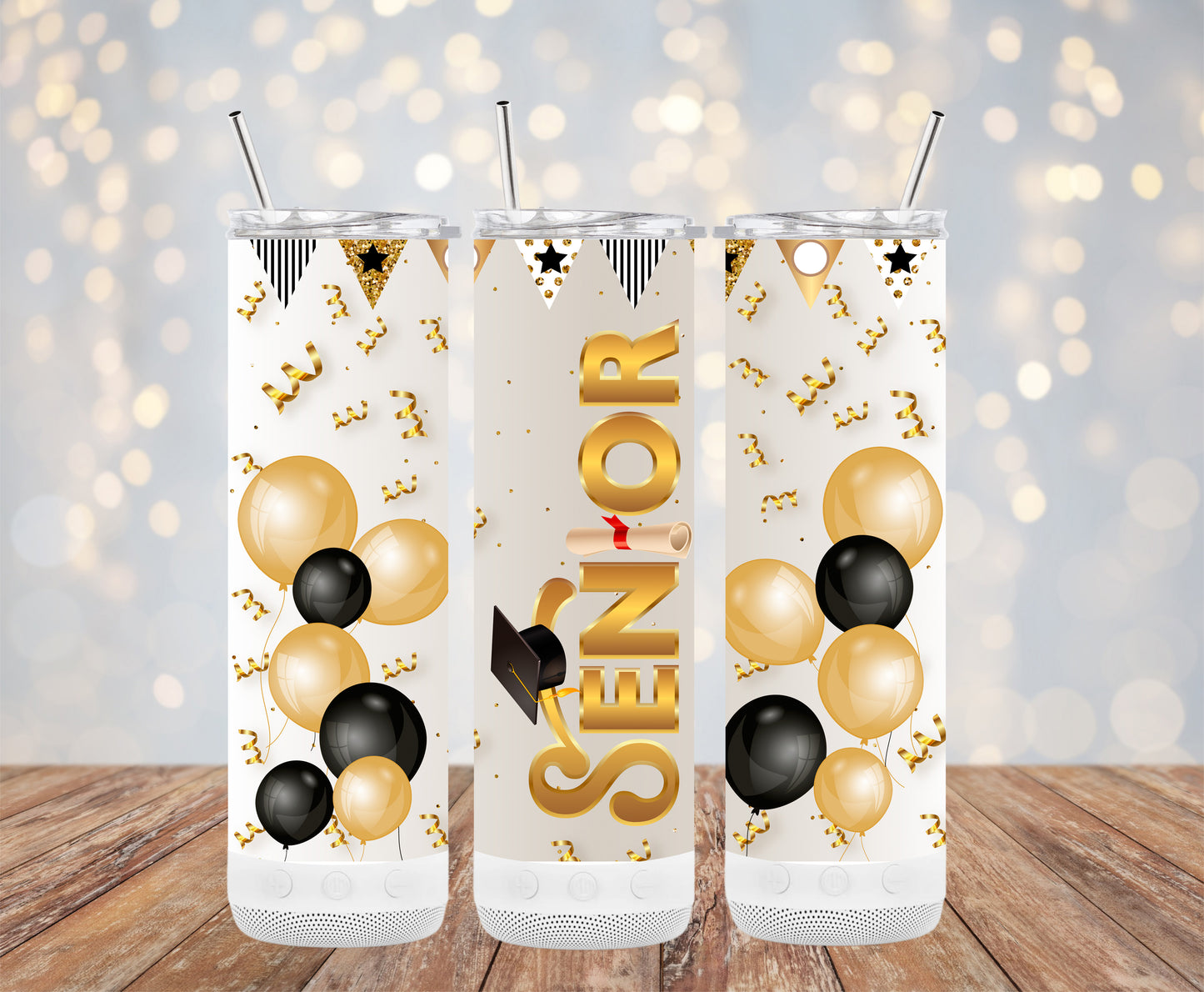 Senior Black and Gold Balloons White Background (Graduation Tumbler)