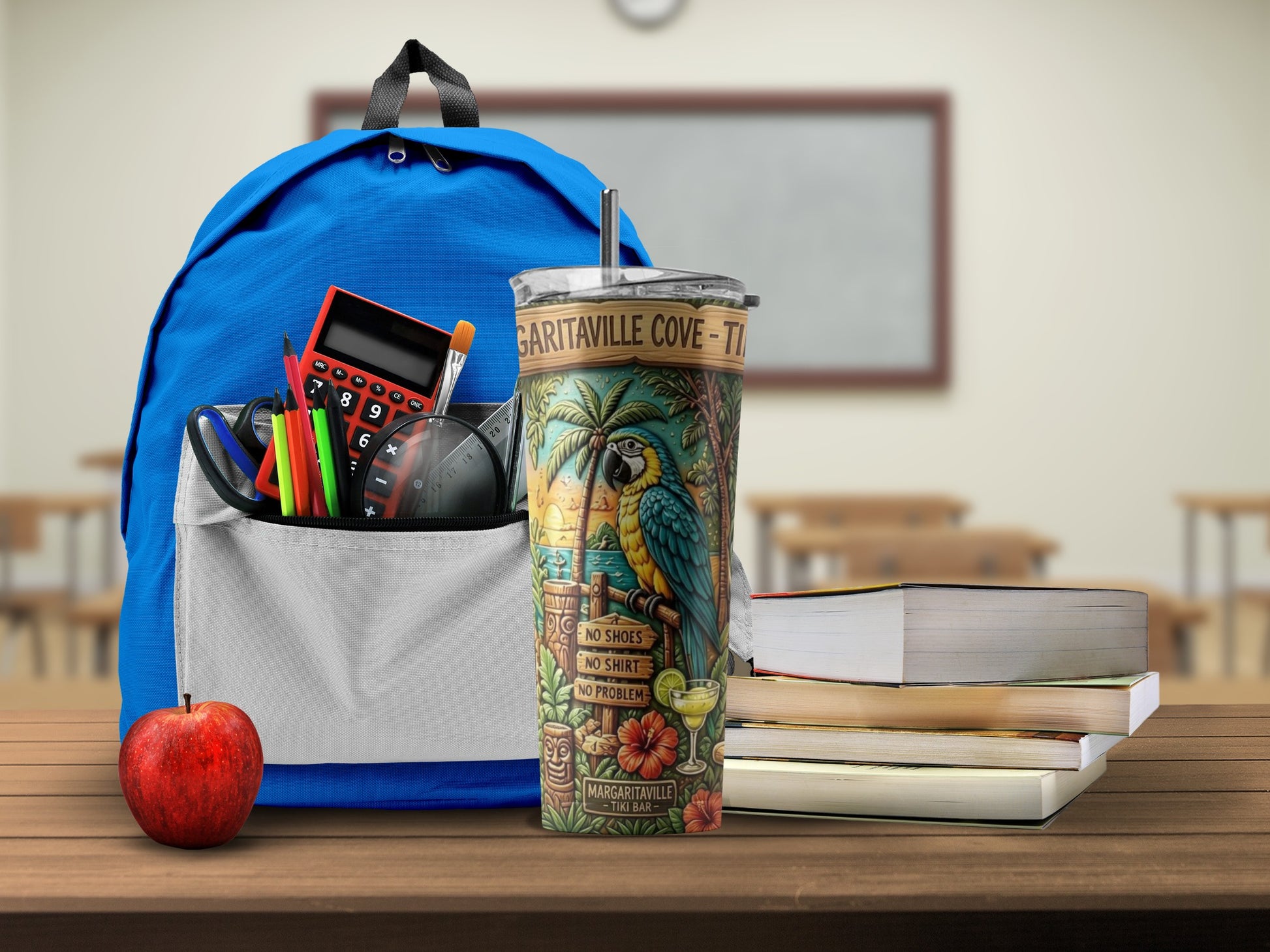 Blue backpack with school supplies, Margaritaville tumbler, apple, and stack of books.