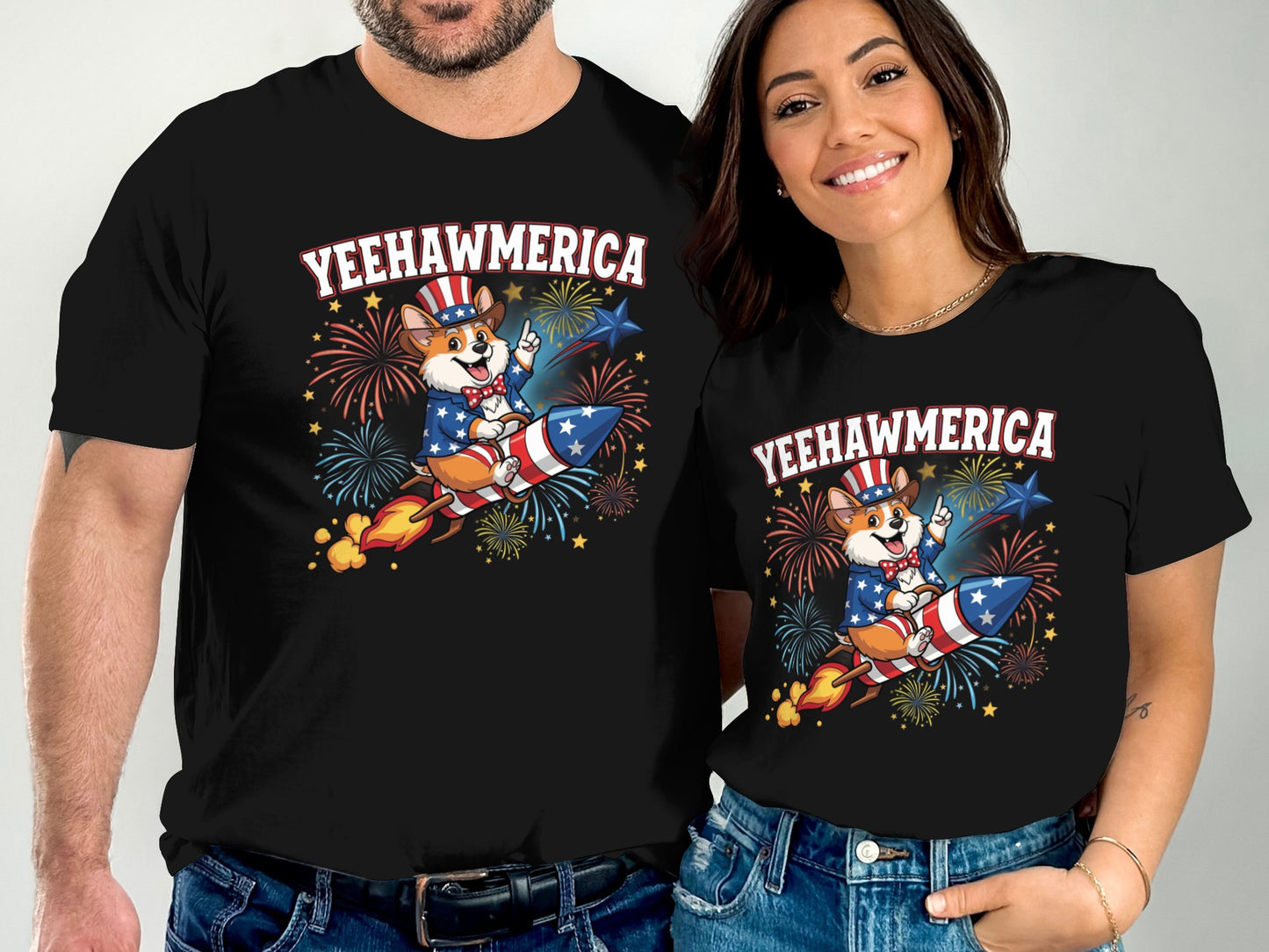 Black t-shirts with "Yeehawmerica" text and patriotic corgi riding a rocket.