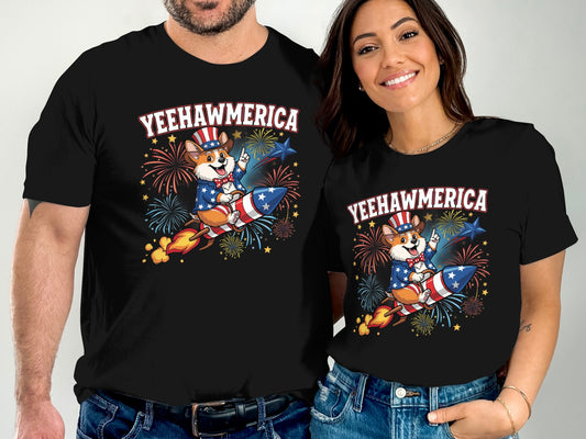 Black t-shirts with "Yeehawmerica" text and patriotic corgi riding a rocket.