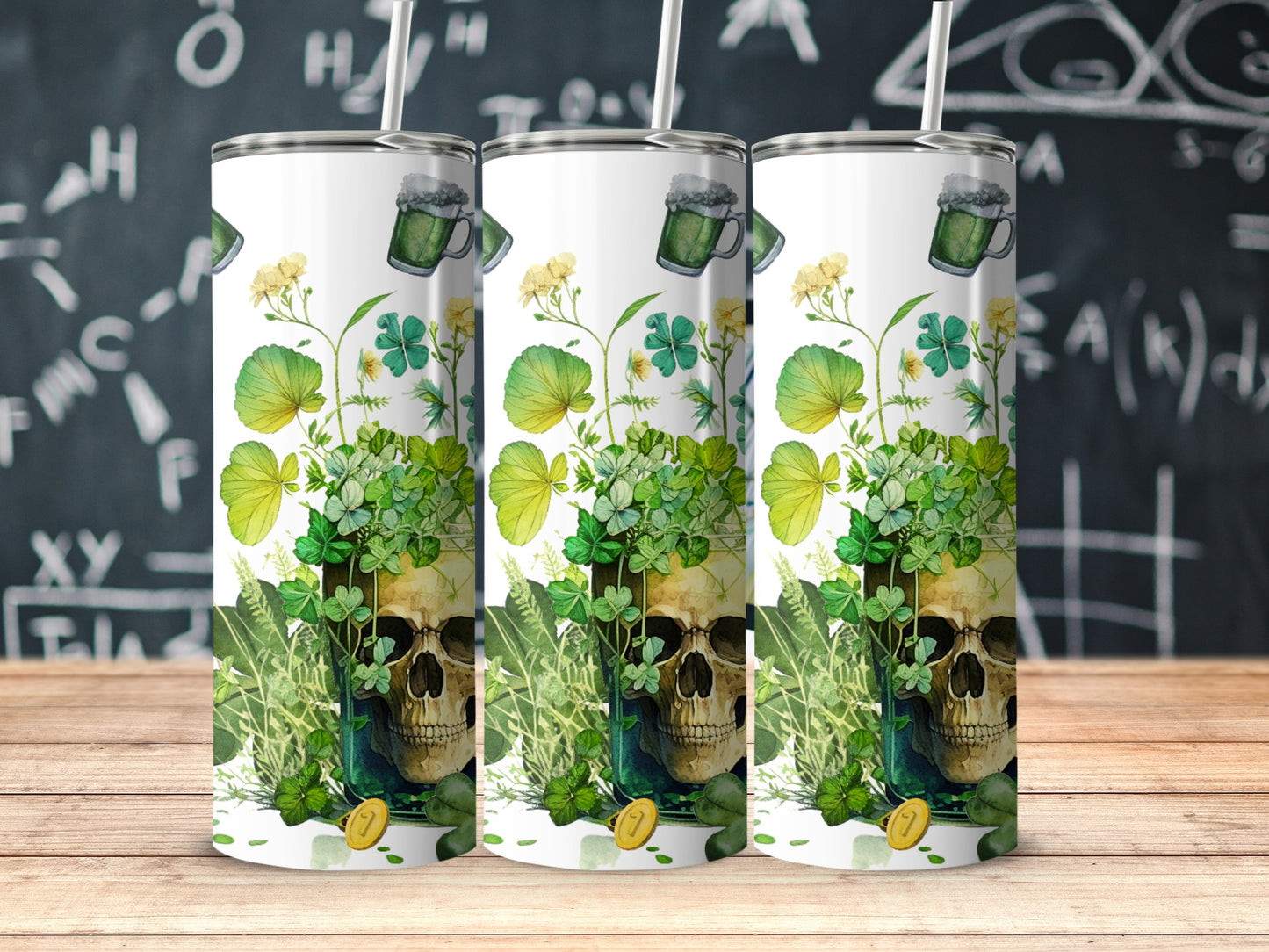 Skull and Clover Floral Artwork Tumbler with Straw