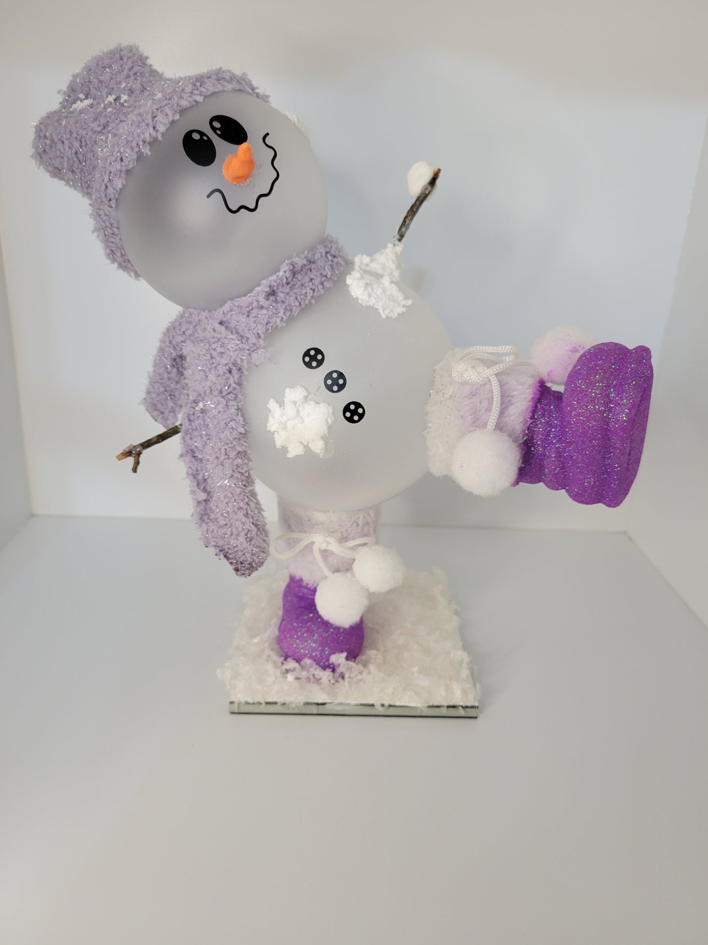 Adorable Snowman Figure in Purple Winter Outfit Decor