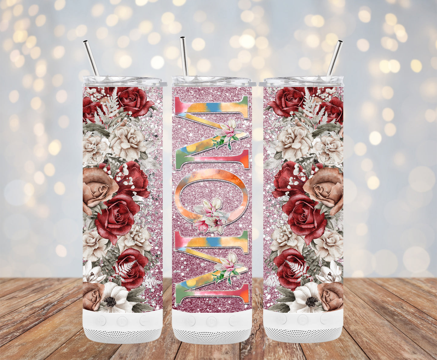 Mom Vintage Flower Glitter Look Tumbler