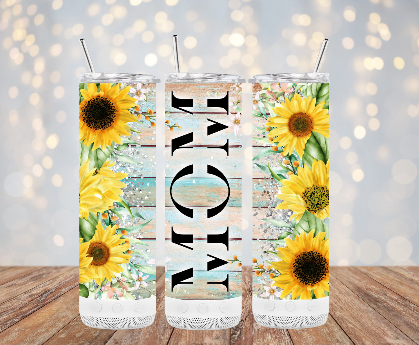 Mom Sunflower Teal Wood Tumbler