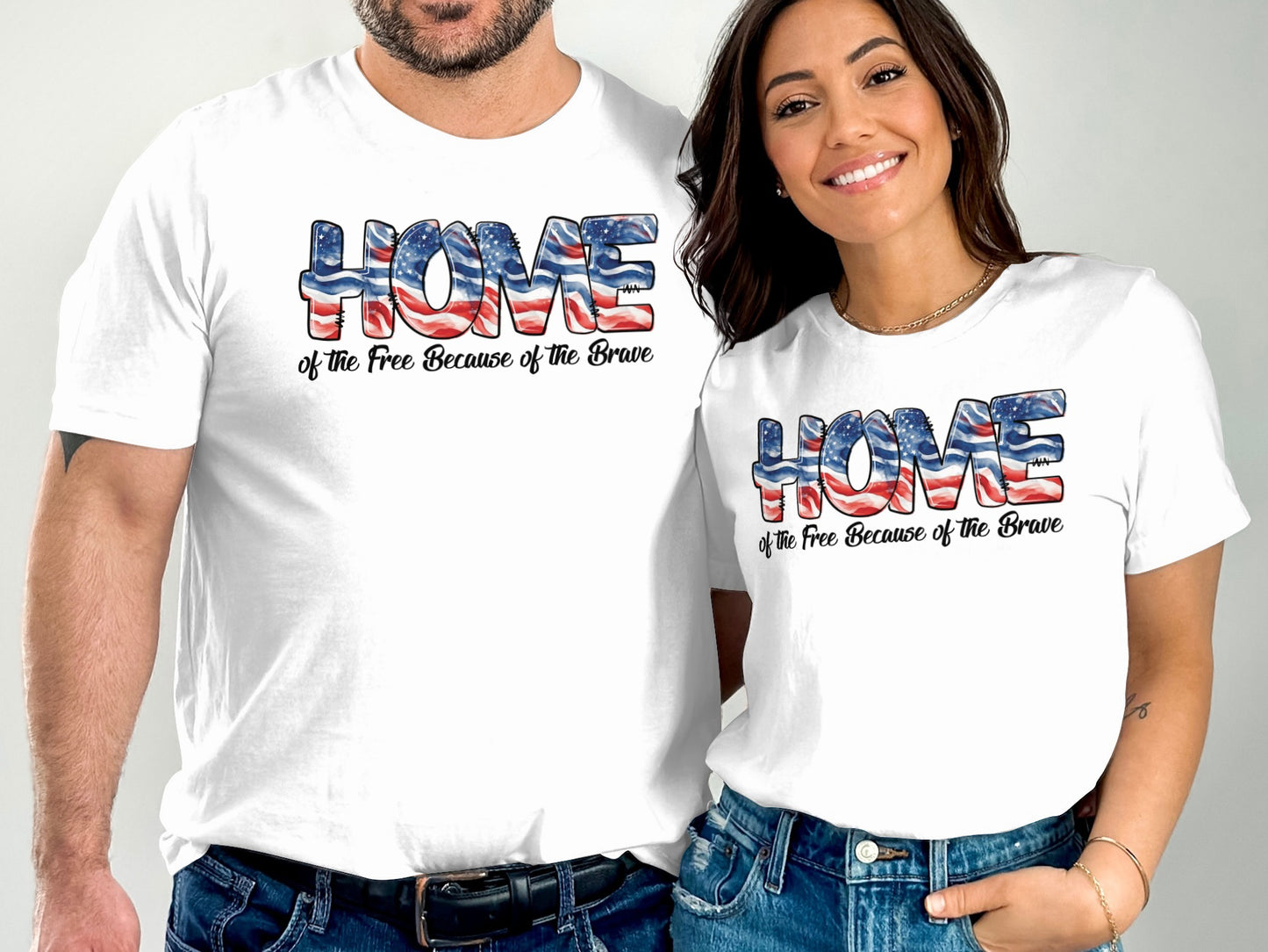 T-shirts with "HOME of the Free Because of the Brave" in patriotic USA flag design.