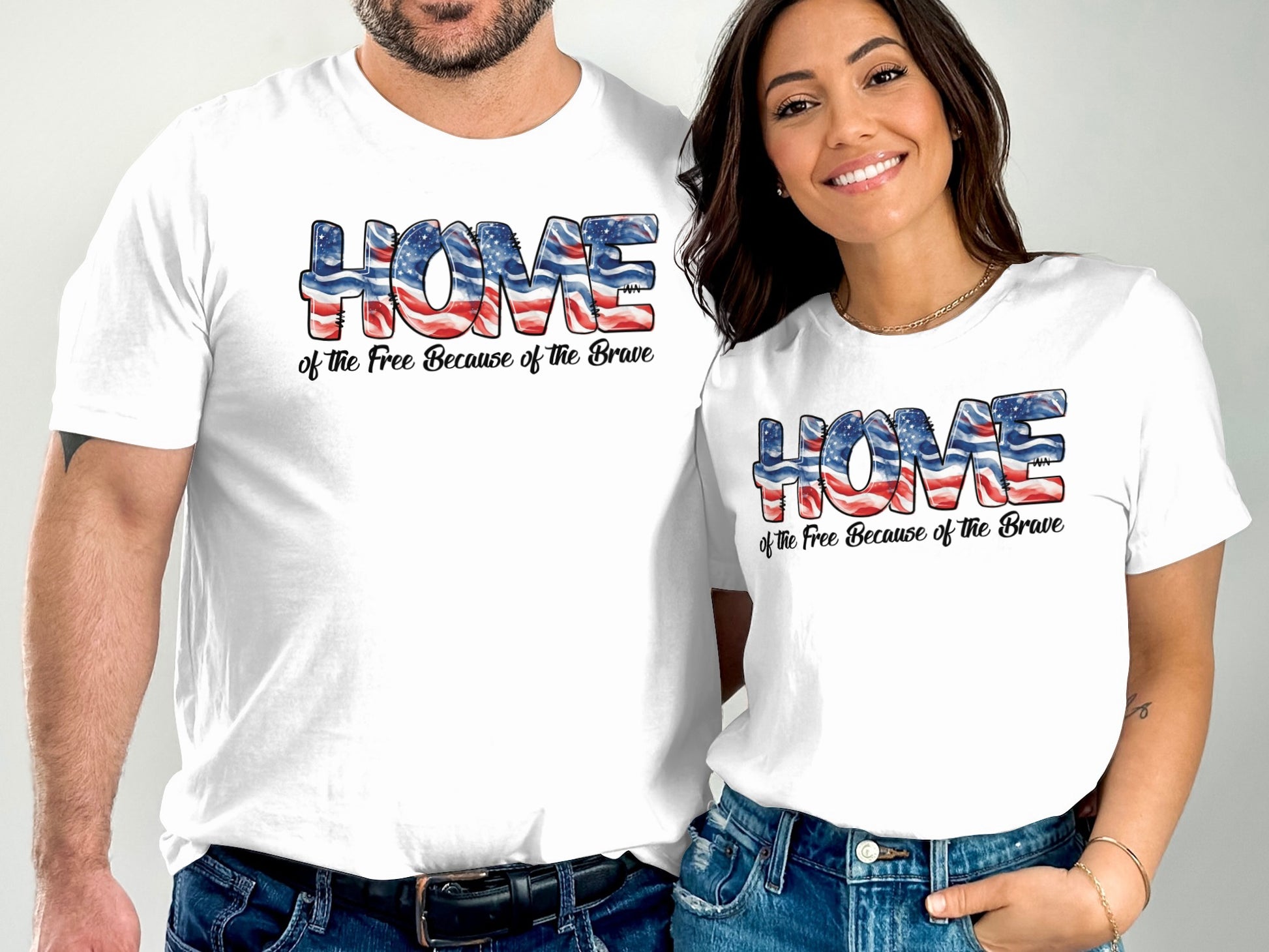 T-shirts with "HOME of the Free Because of the Brave" in patriotic USA flag design.