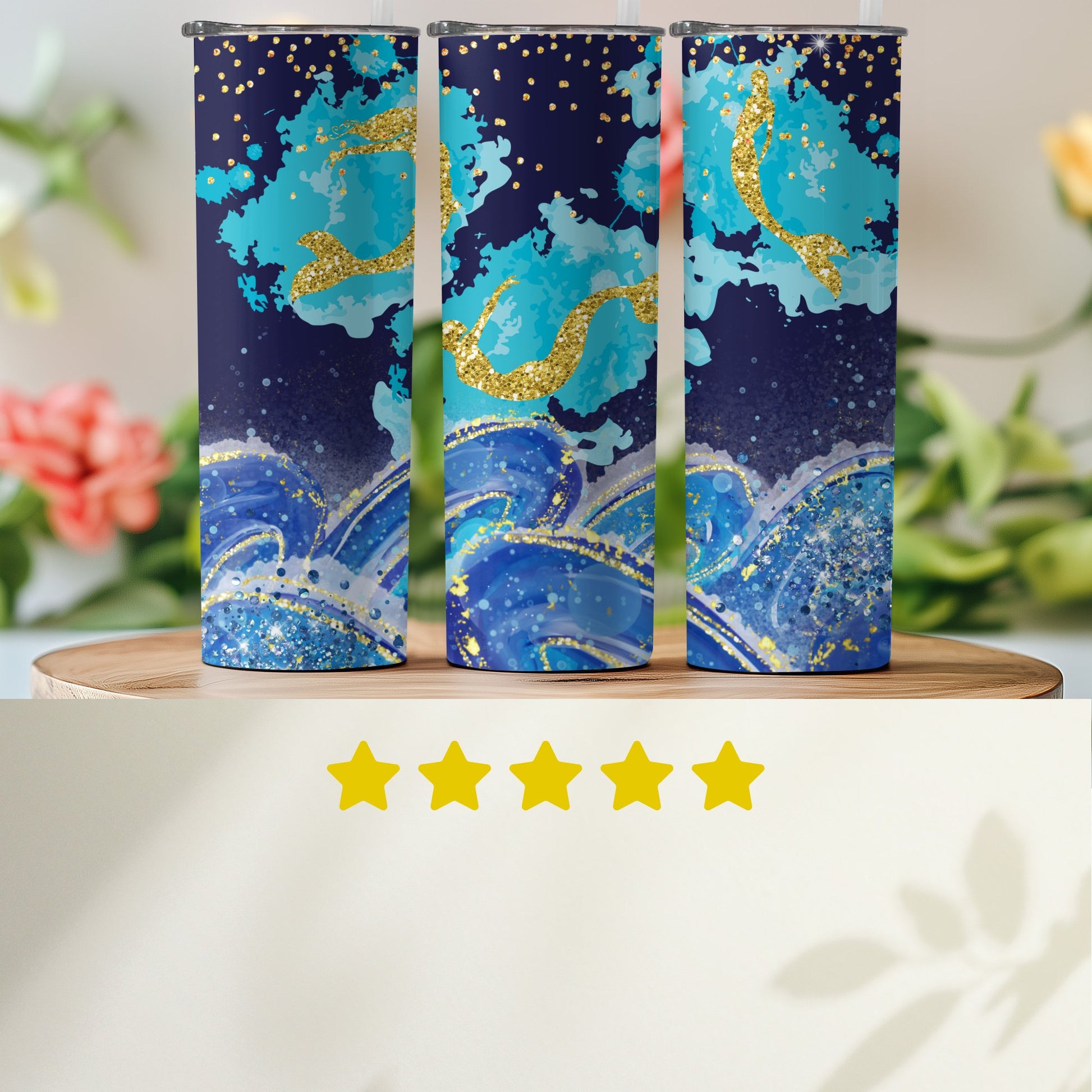 Oceanic Wave Design Glitter Tumbler Beverage Product