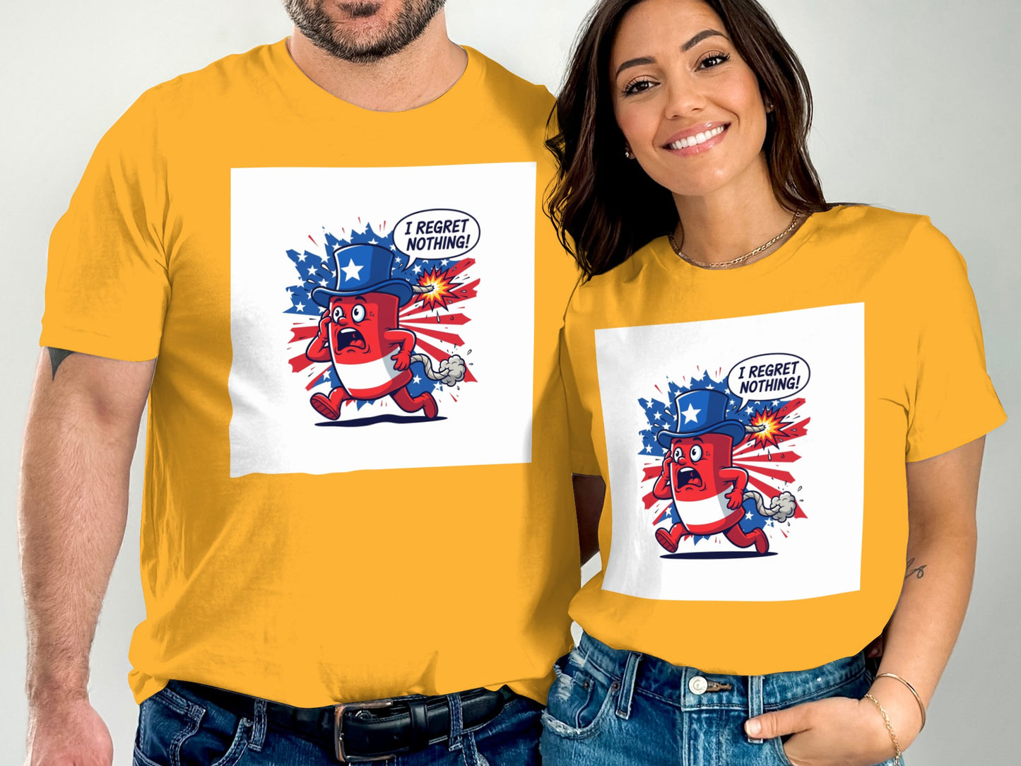 Man and woman wearing yellow t-shirts with cartoon characters.