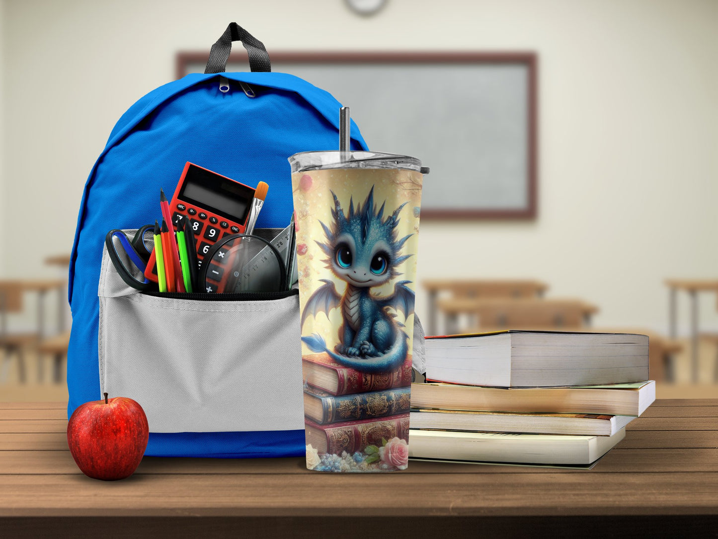 Cute Blue Dragon on Books Design Tumbler product