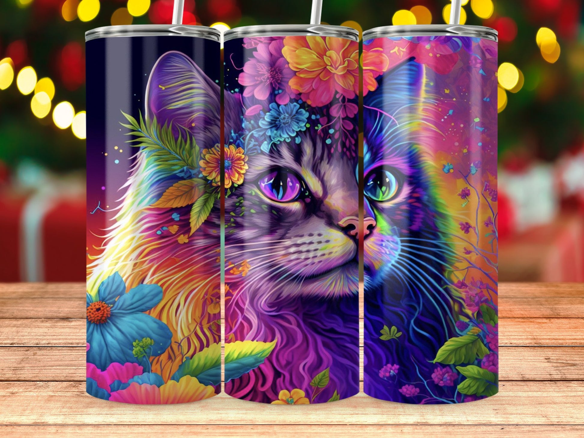 Vivid Floral Cat Artwork Tumbler Insulated Stainless Steel product type