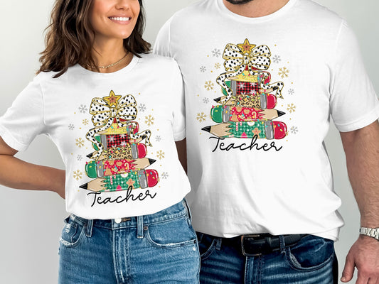 Christmas Stack Teacher Graphic White T-shirt