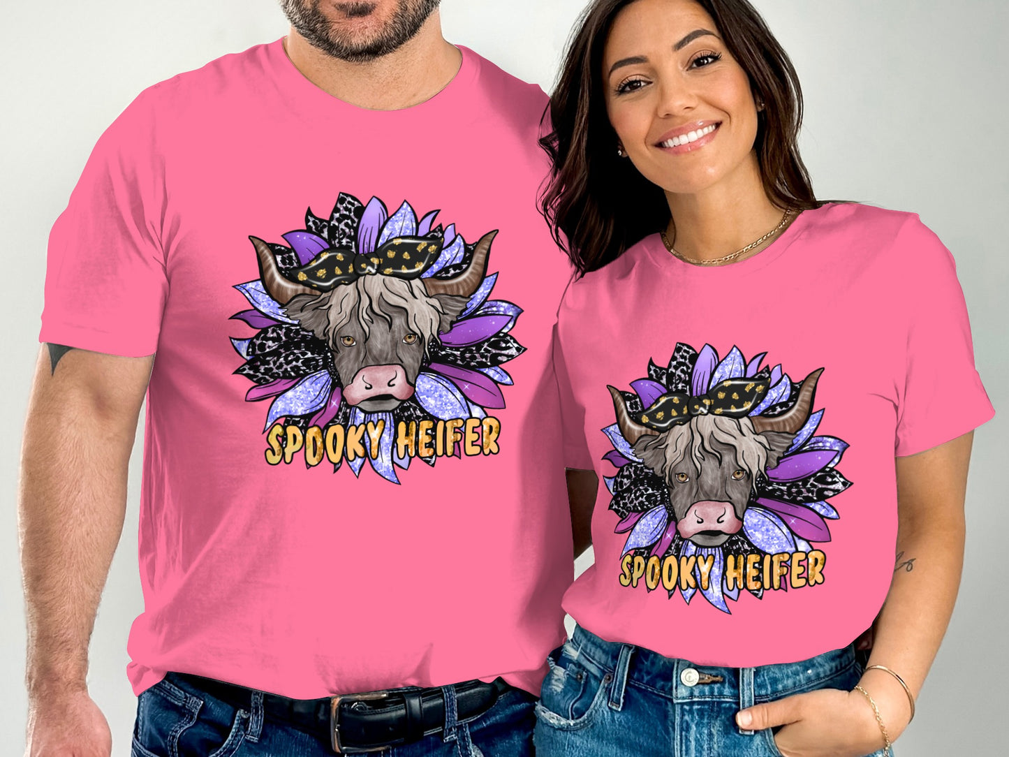 Spooky Heifer Graphic Pink Couple Matching Shirt product type