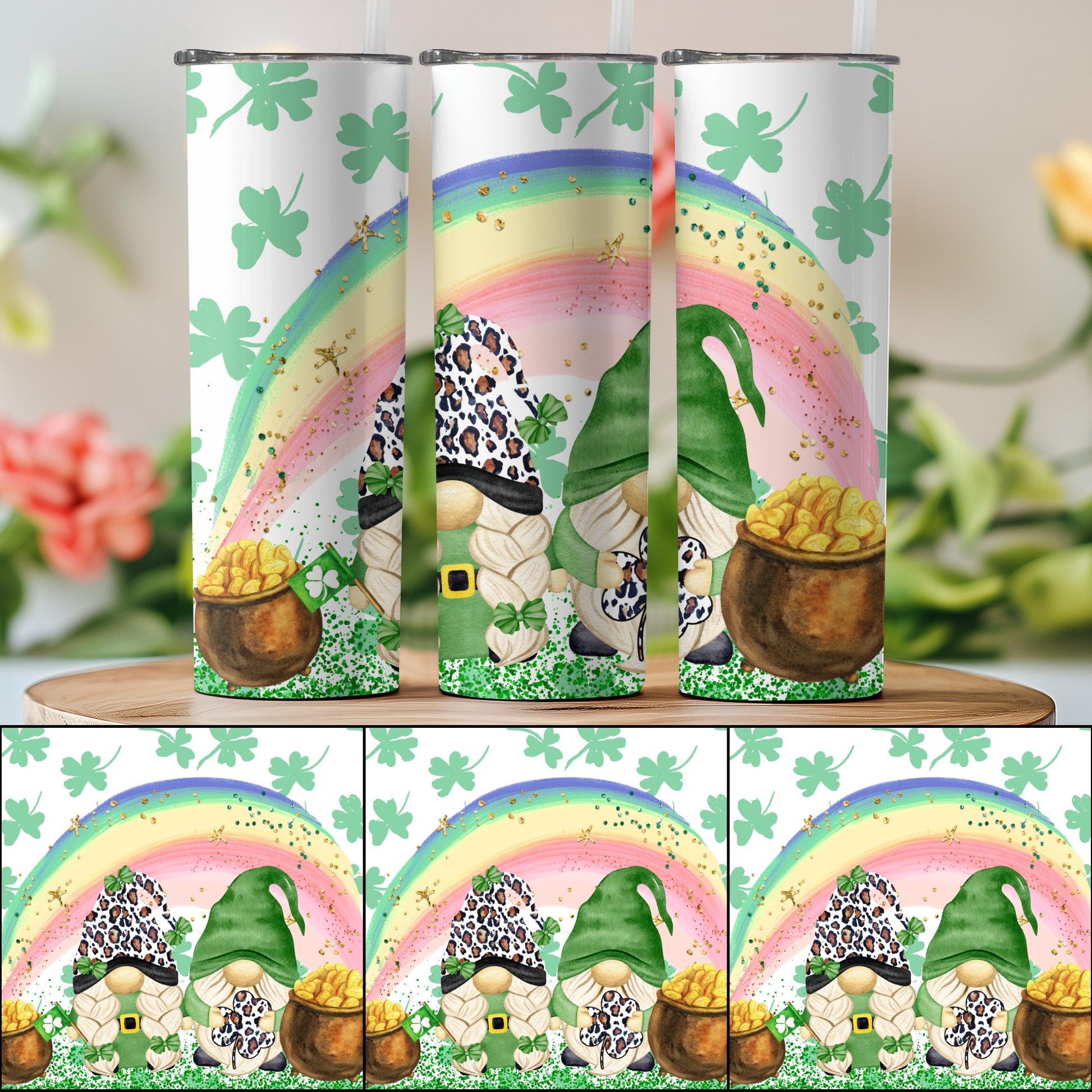 St. Patrick's Day Gnome and Rainbow Tumbler Design