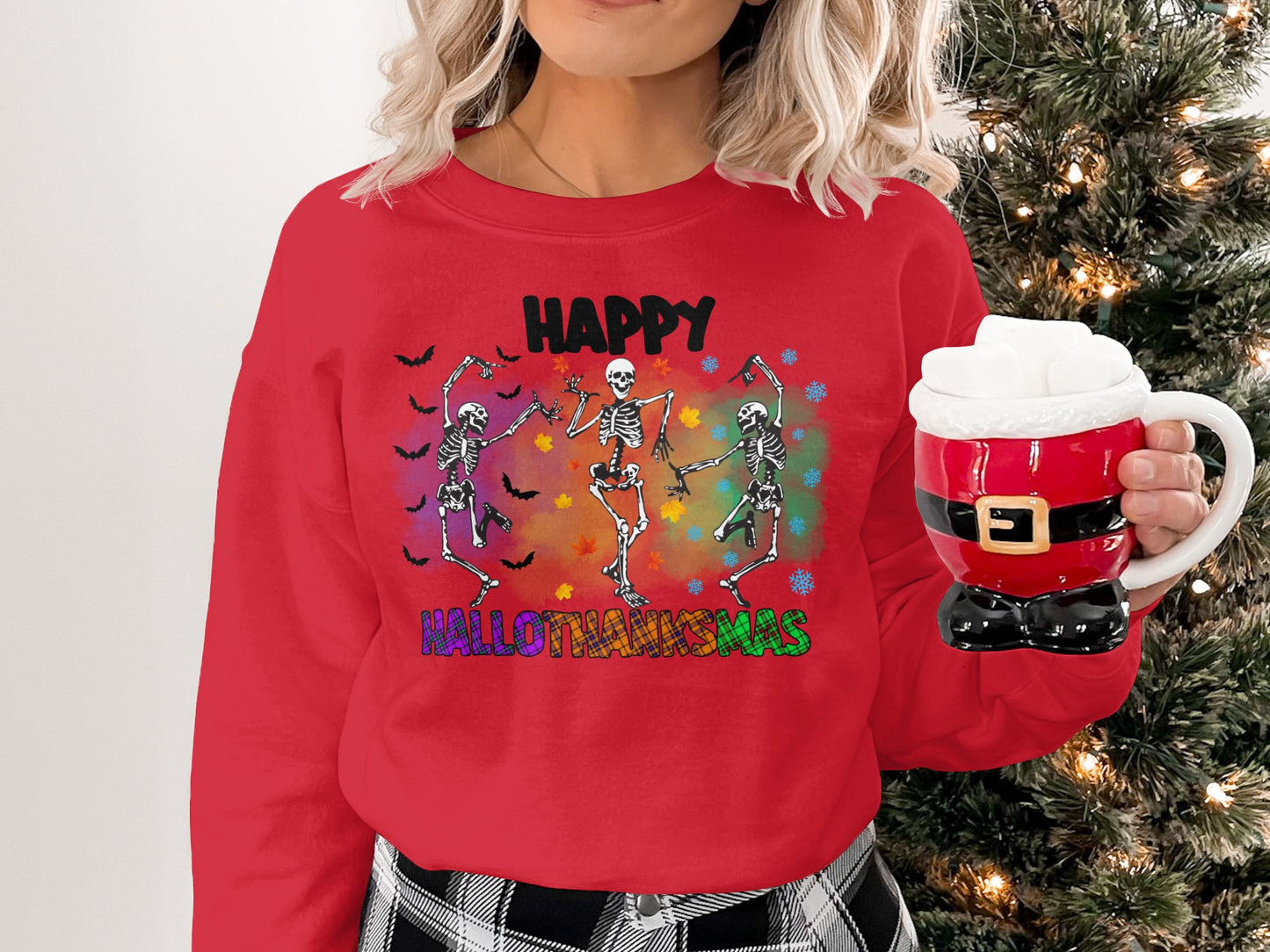 Happy Hallothanksmas Skeletons Festive Sweater