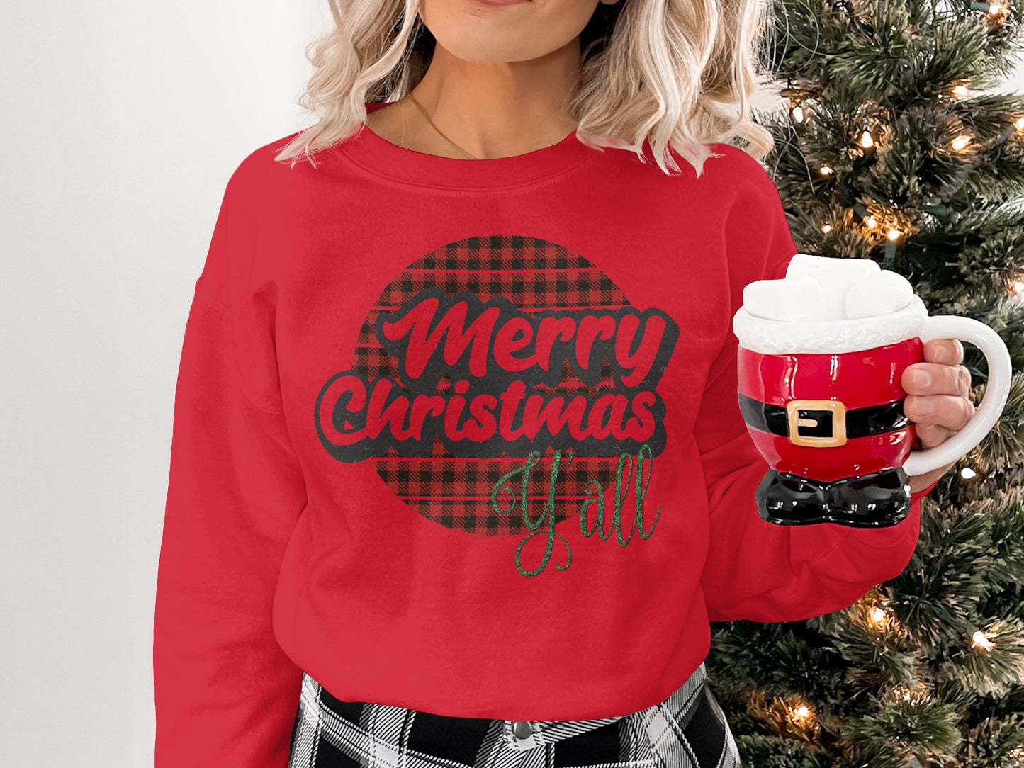 Merry Christmas Y'all Plaid Circle Sweatshirt