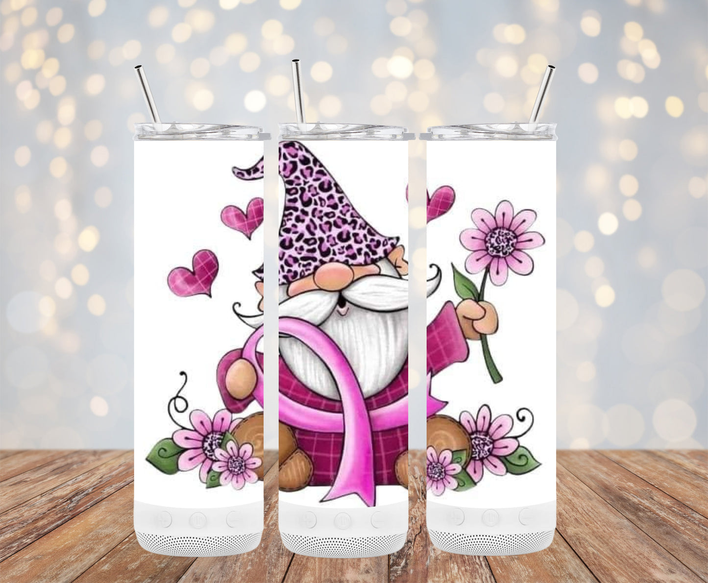 Adorable Gnome with Pink Ribbon and Flowers Tumblers