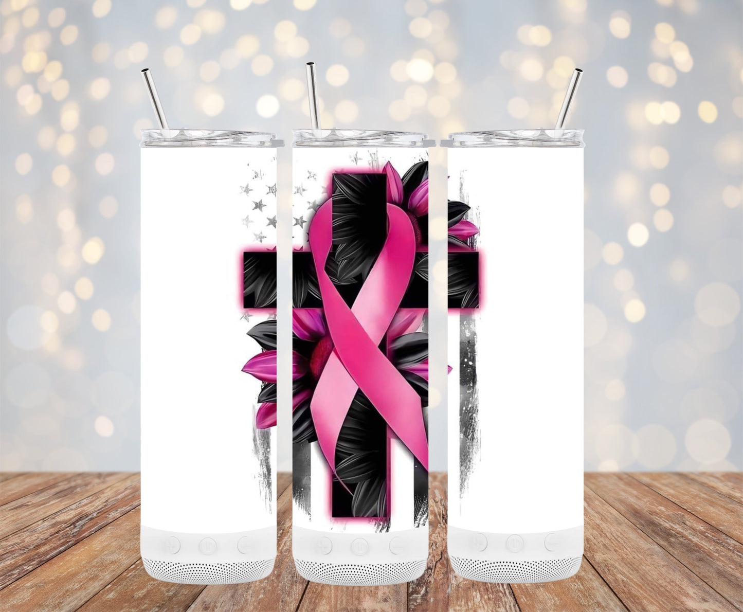 Beautiful Cross and Pink Ribbon Flower Art Tumblers