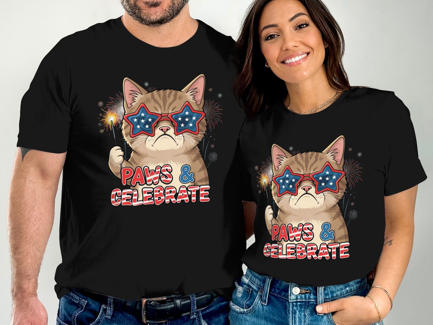 Couple wearing matching t-shirts with a patriotic cat graphic.