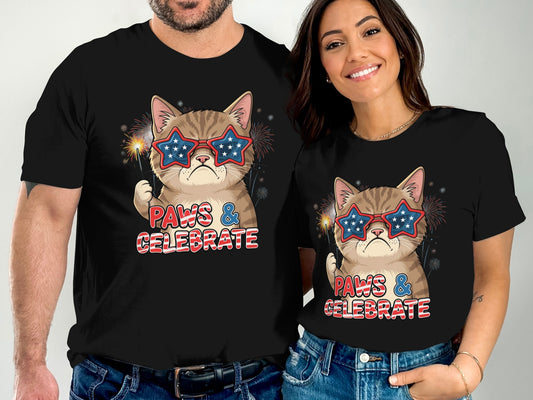Couple wearing matching t-shirts with a patriotic cat graphic.