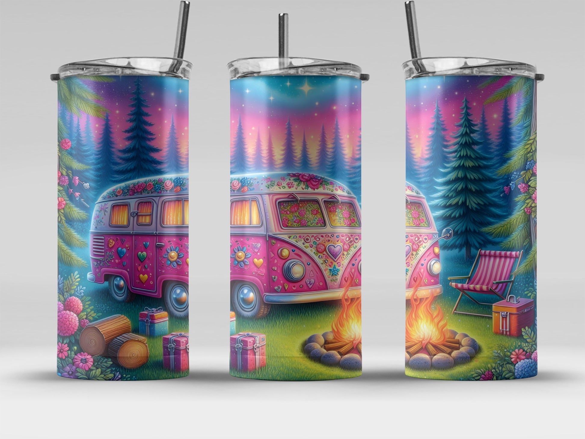 Colorful Vintage Camper Van Camping Scene Tumbler product