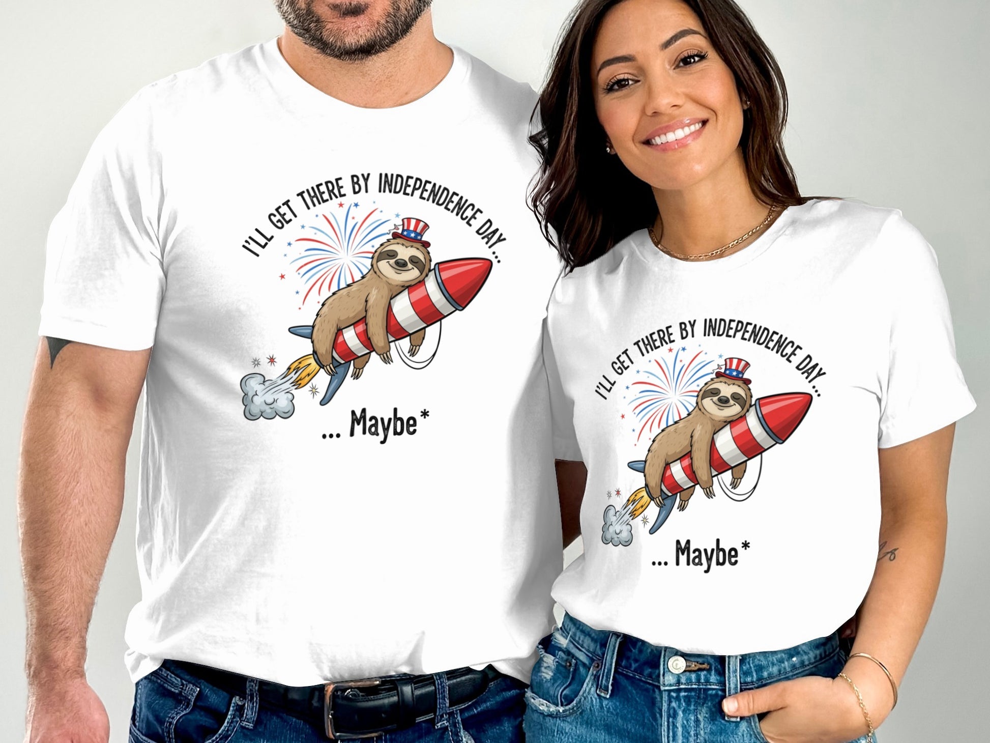 T-shirts with sloth on rocket, "I'll get there by Independence Day... Maybe" text.
