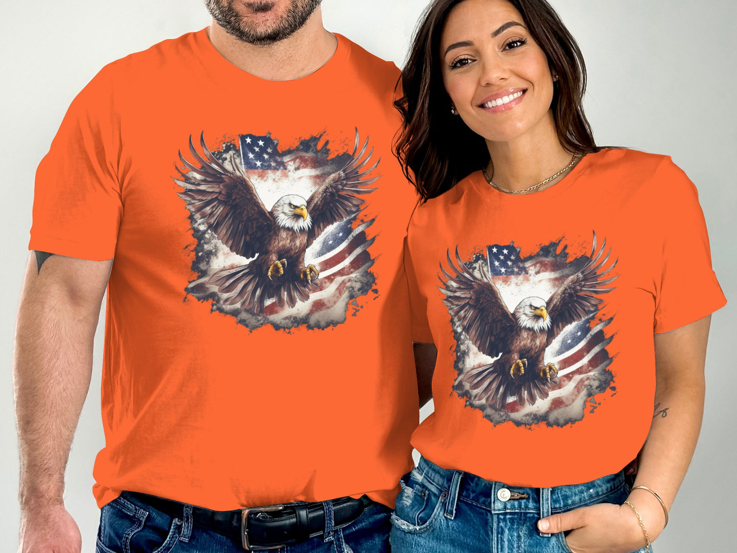 T-shirts featuring a bald eagle with American flag background.