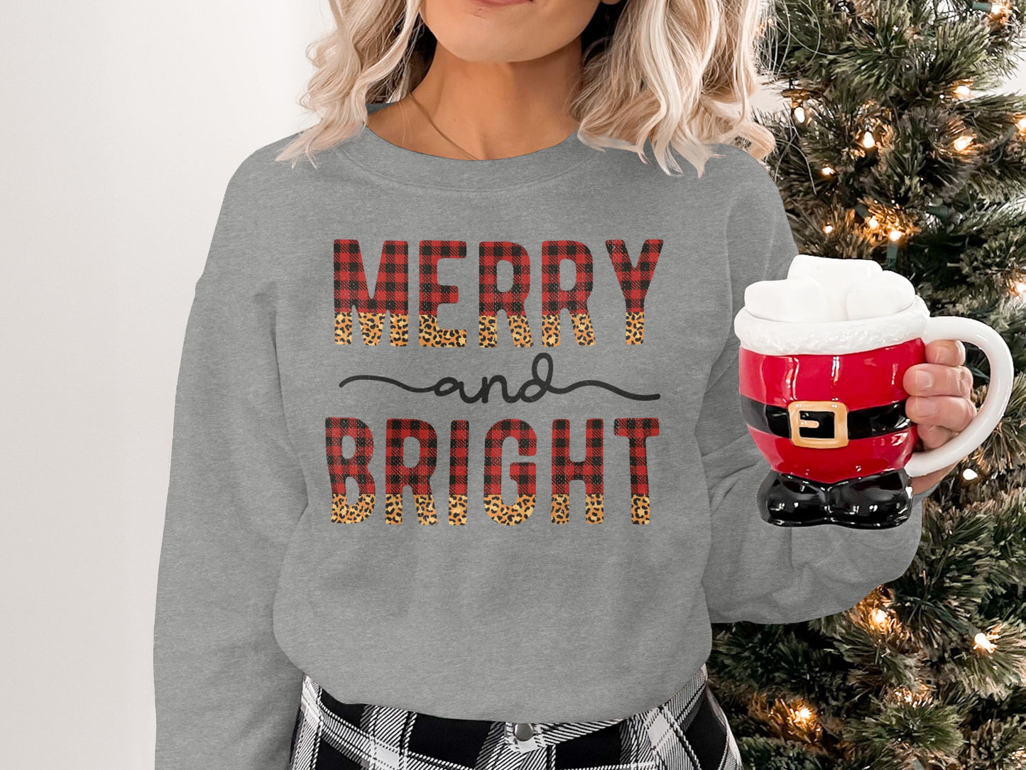 Merry and Bright Plaid and Leopard Print Sweatshirt