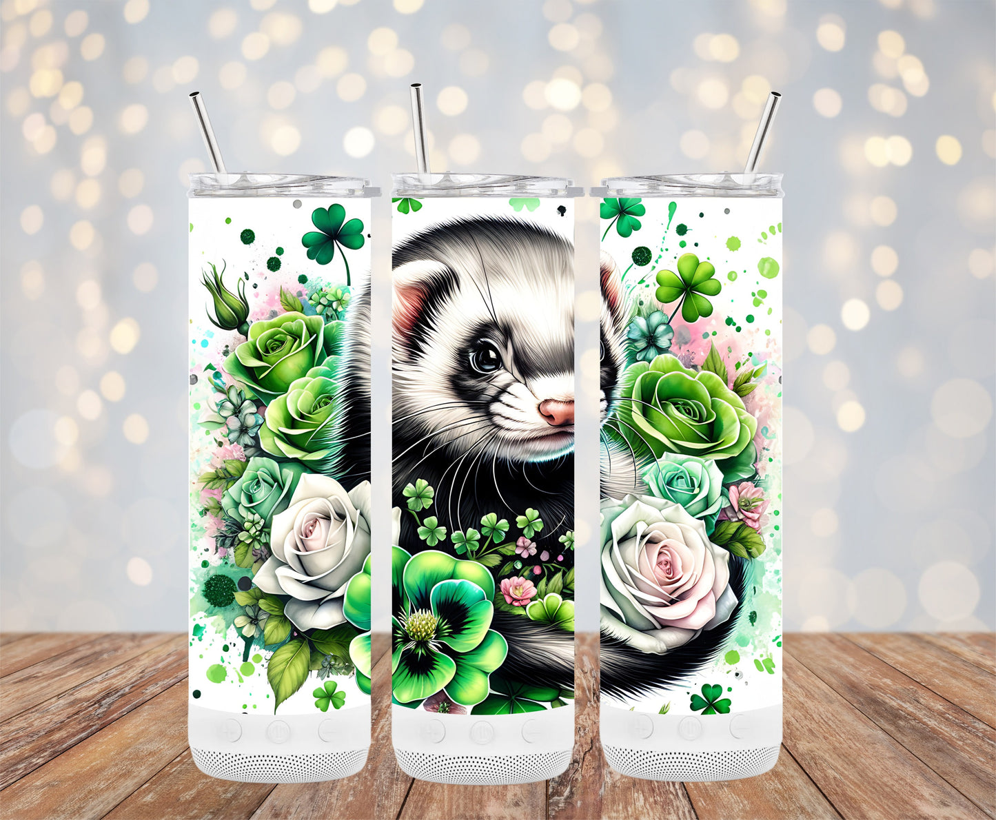 Cute Ferret with Green Floral Design Tumbler Product
