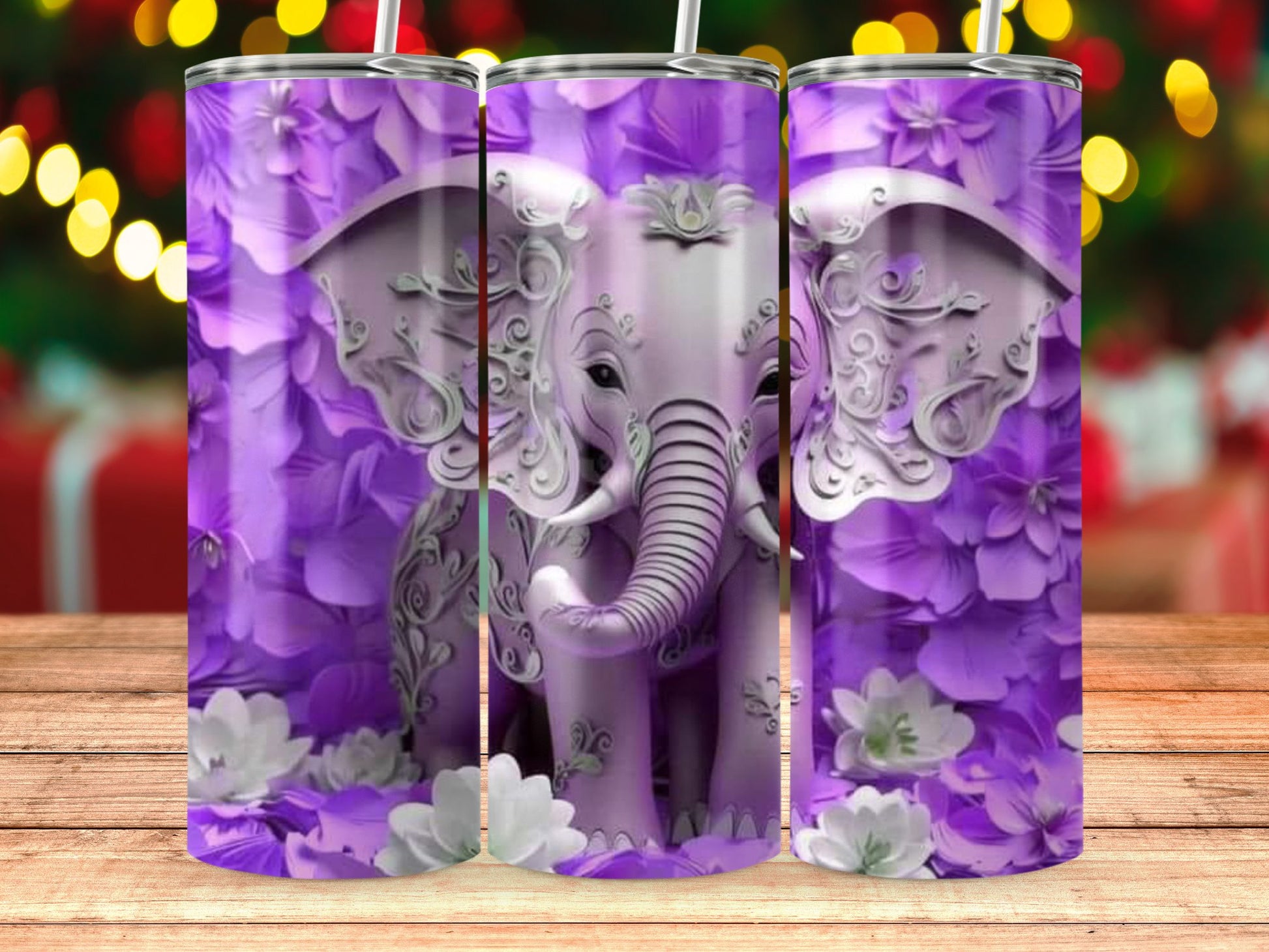 Elephant Design Purple Tumbler with Floral Accents product type