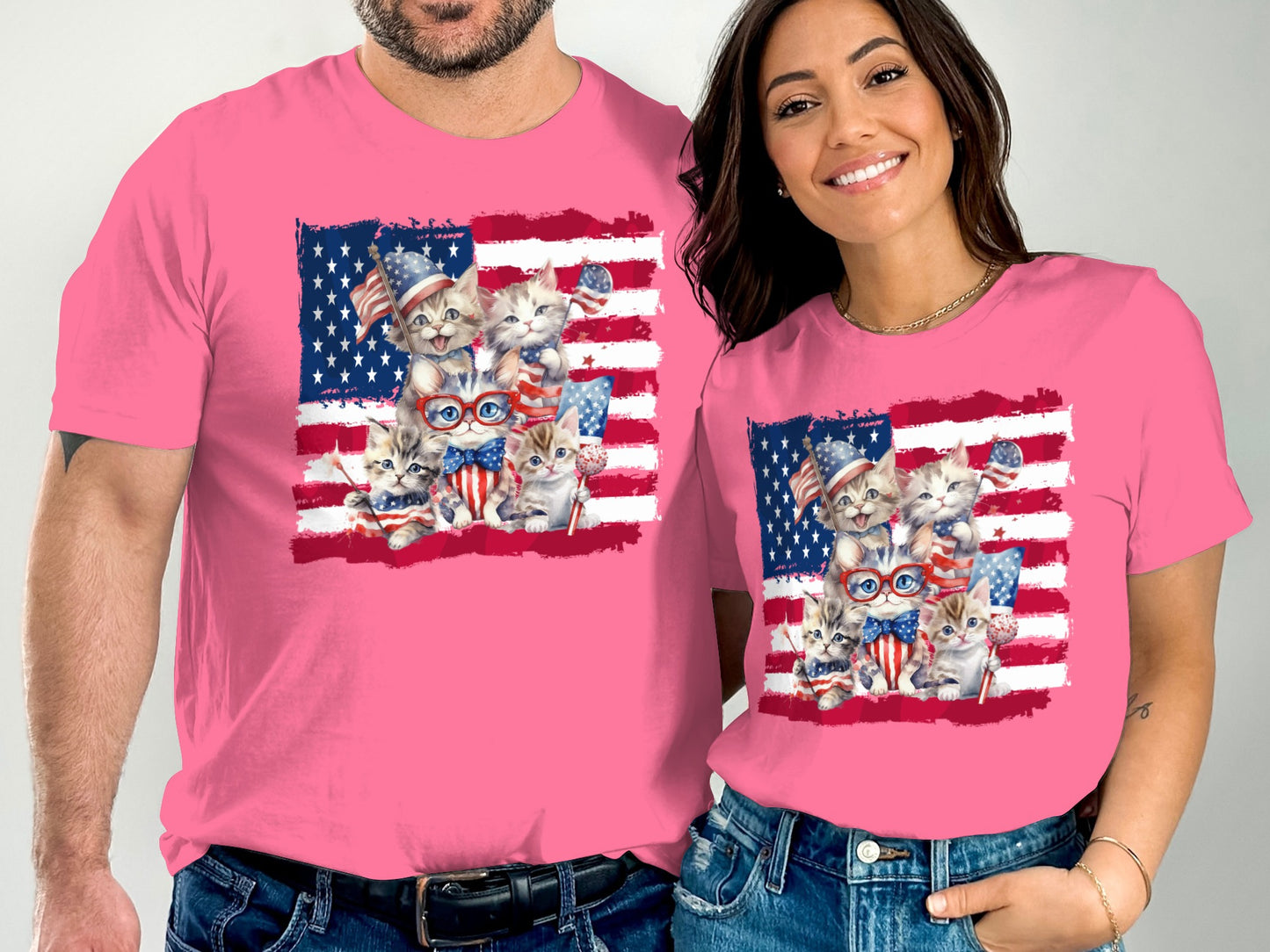 T-shirt graphic with patriotic cats wearing glasses and bowties.