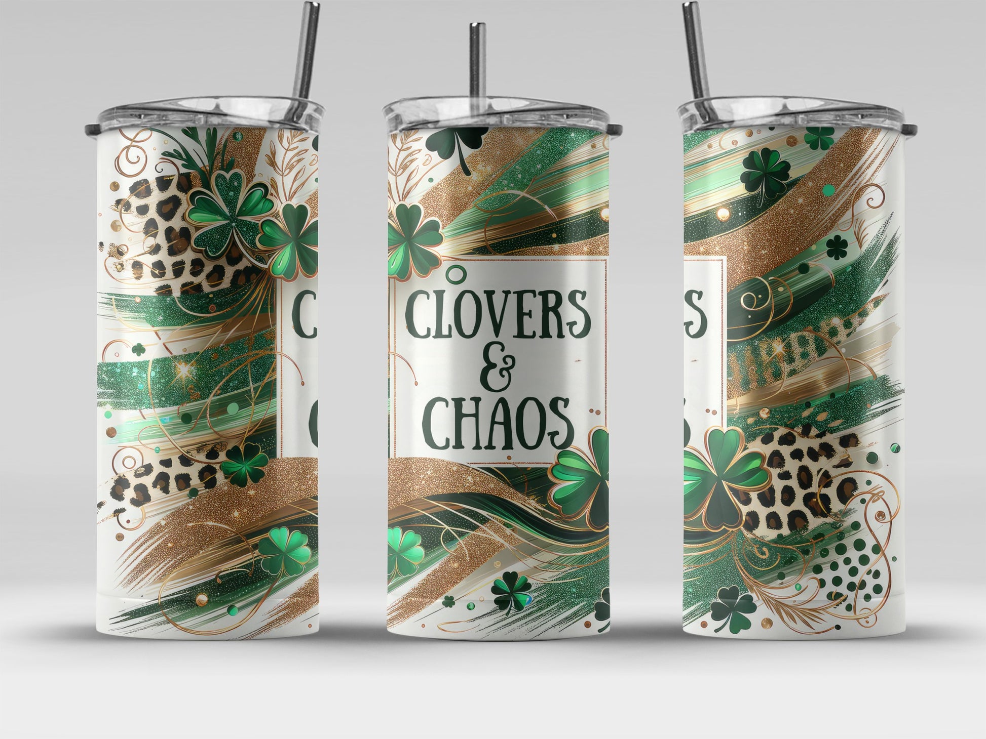 Clovers and Chaos Shamrock Design Tumbler Cup