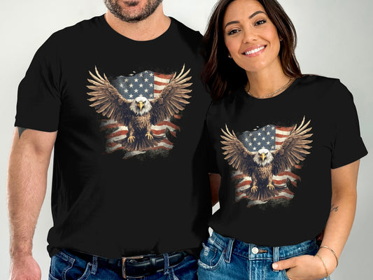 Black t-shirts with patriotic eagle and American flag design.