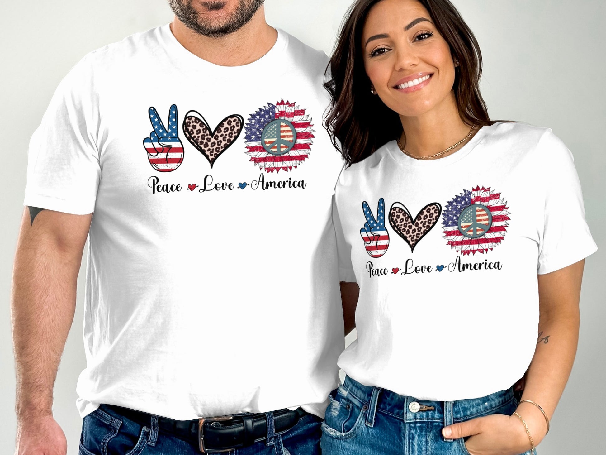 White t-shirts with "Peace Love America" and patriotic sunflower design.