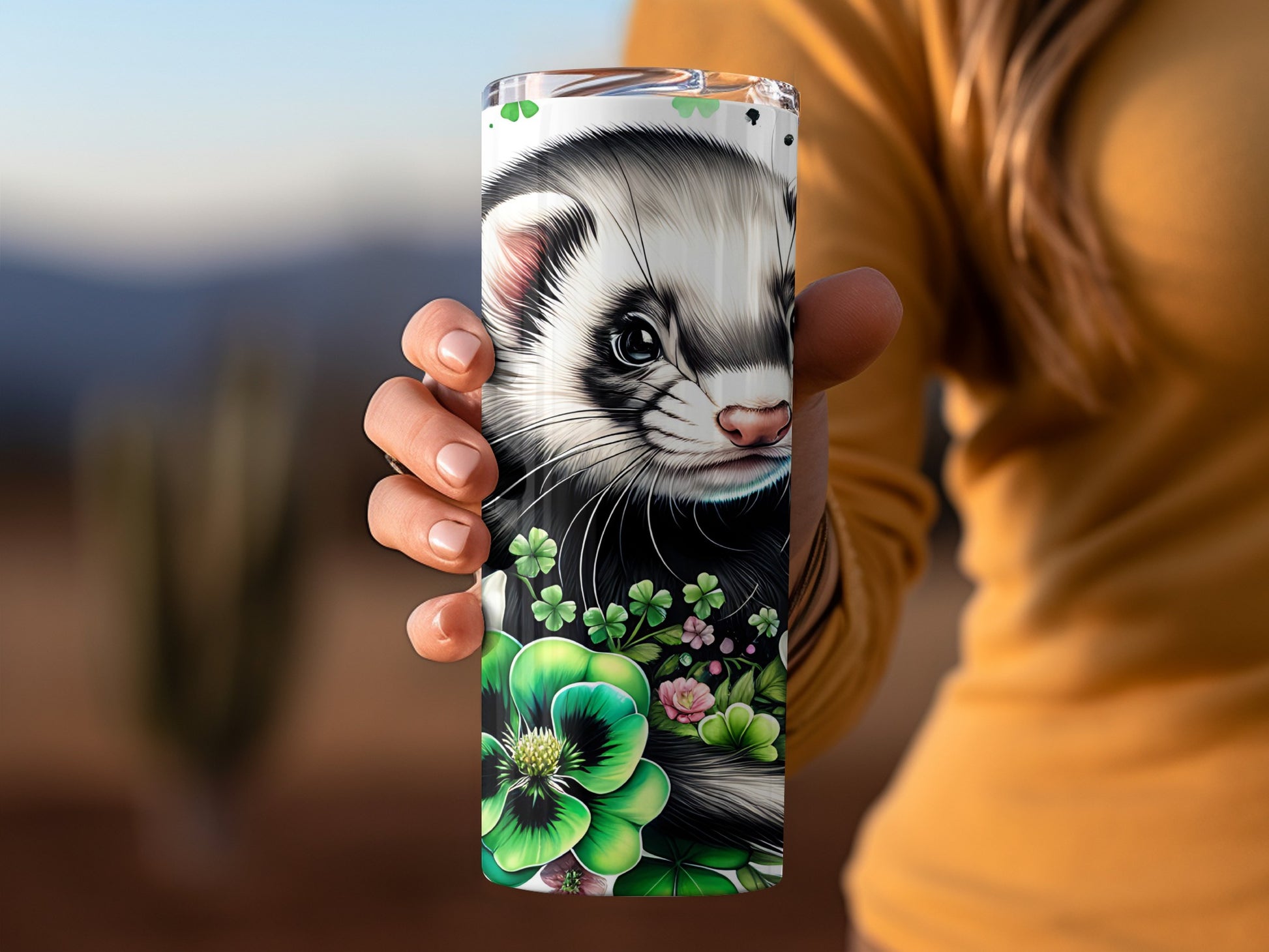 Adorable Ferret With Floral Design Insulated Tumbler