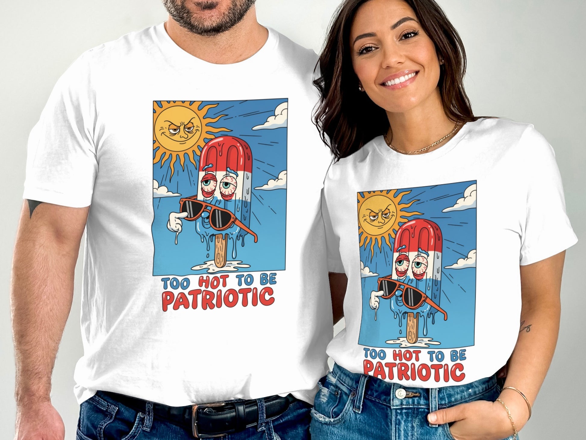 T-shirts with patriotic melting popsicle design and text "TOO HOT TO BE PATRIOTIC."