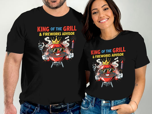 Black t-shirts with cartoon grill and text: King of the Grill & Fireworks Advisor.