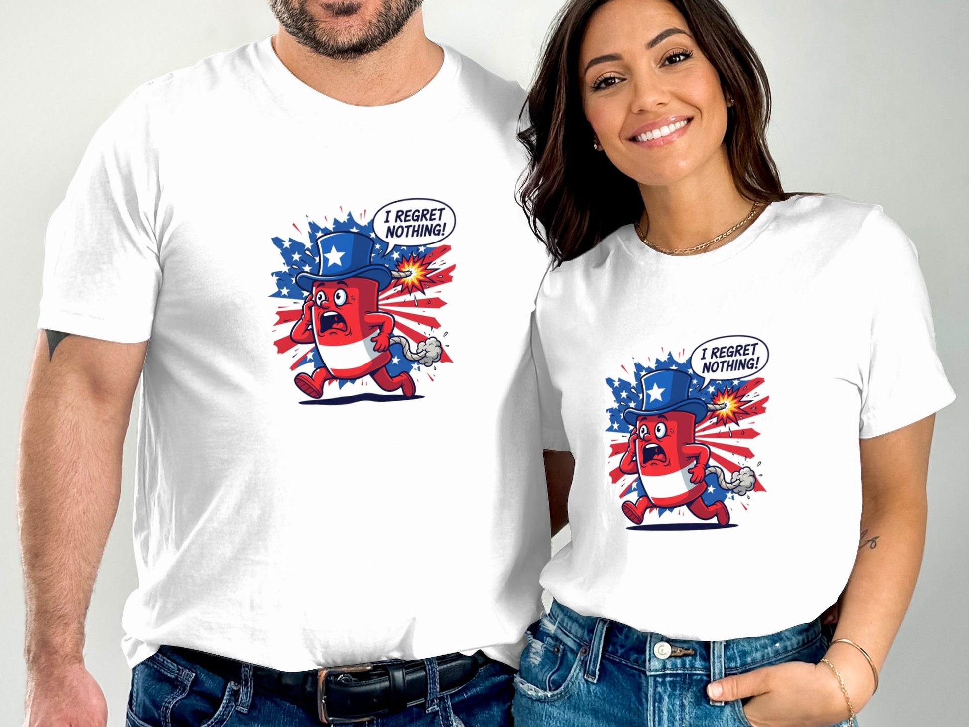 Two people wear white t-shirts with cartoon firecracker saying "I REGRET NOTHING!".