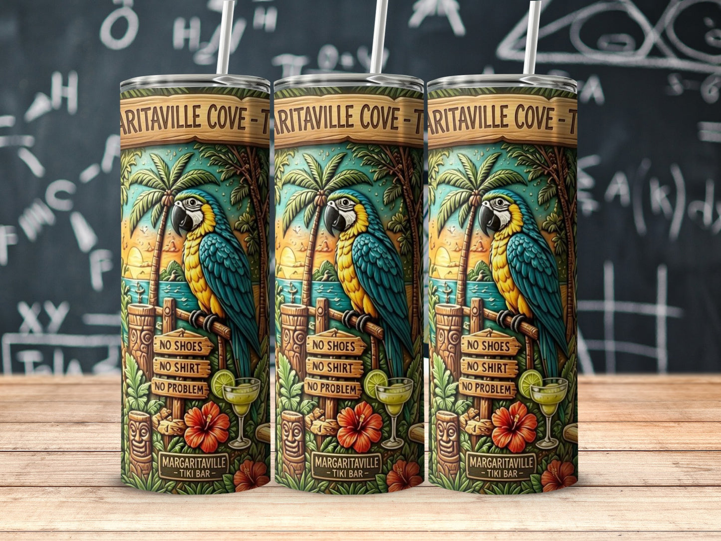 Three tumblers featuring a parrot, tiki bar, and "Margaritaville - Tiki Bar" text.