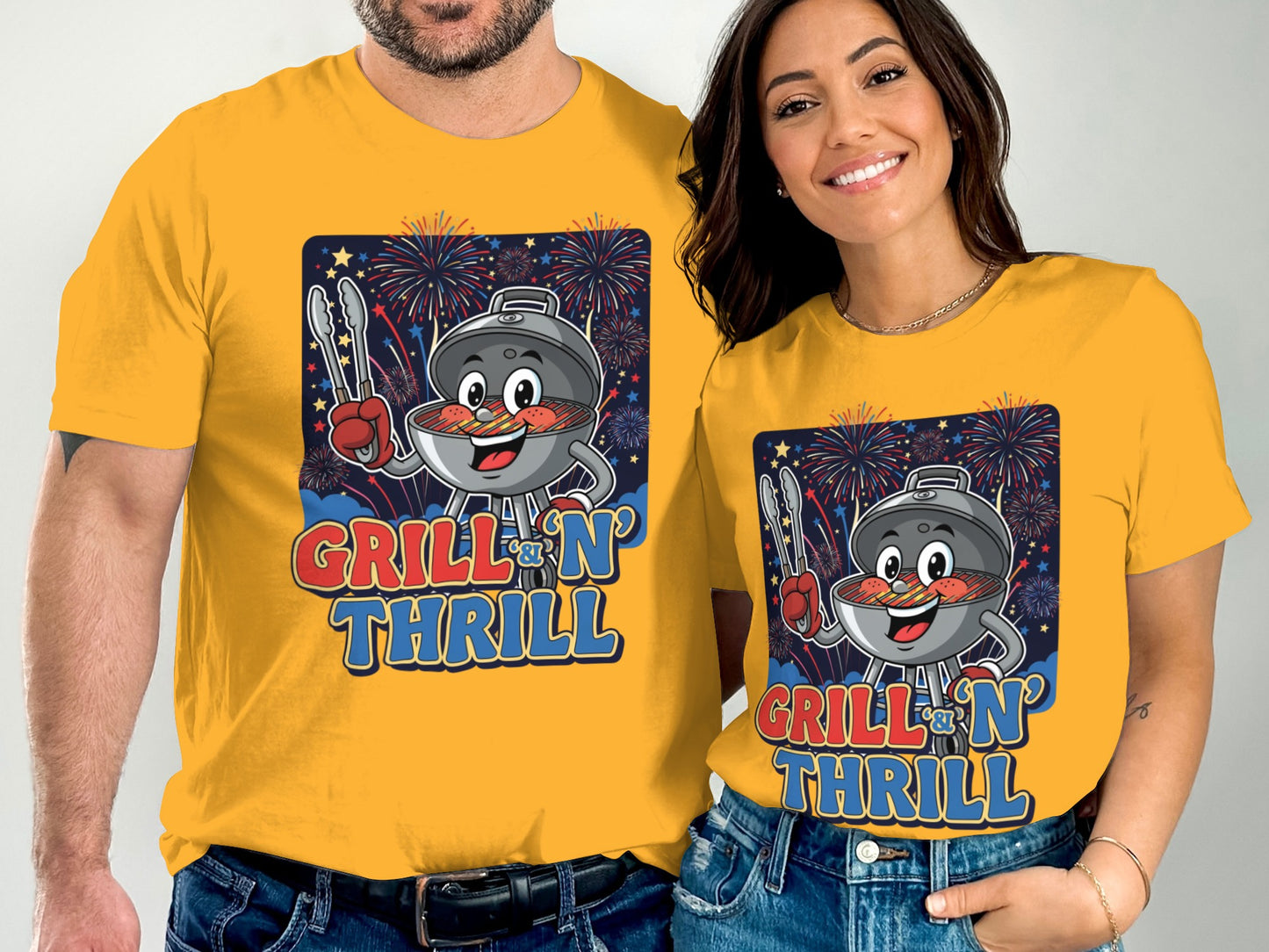 Couple wearing matching yellow t-shirts with grill and fireworks design.