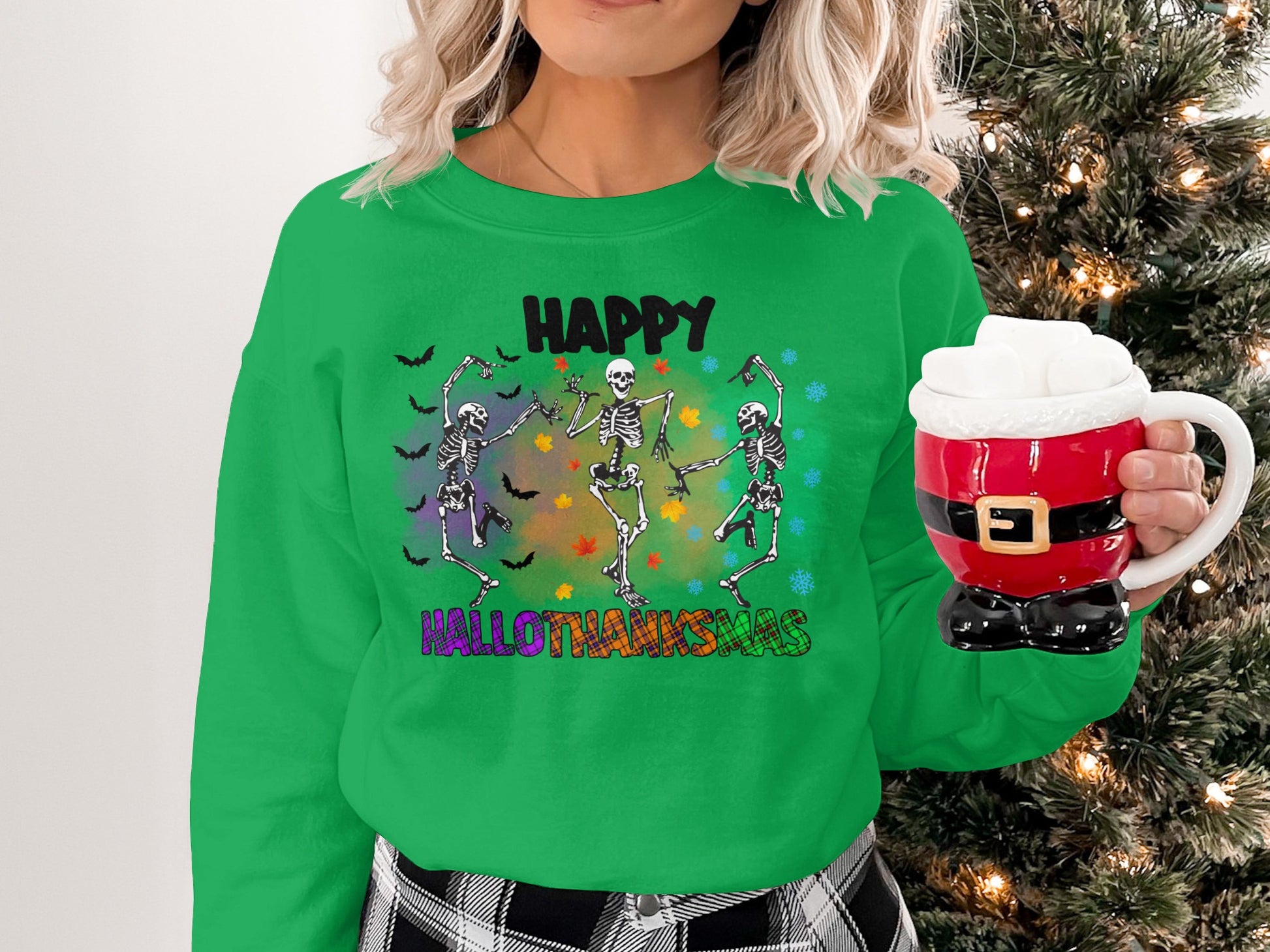 Happy Hallothanksmas Skeleton Dance Holiday Sweater